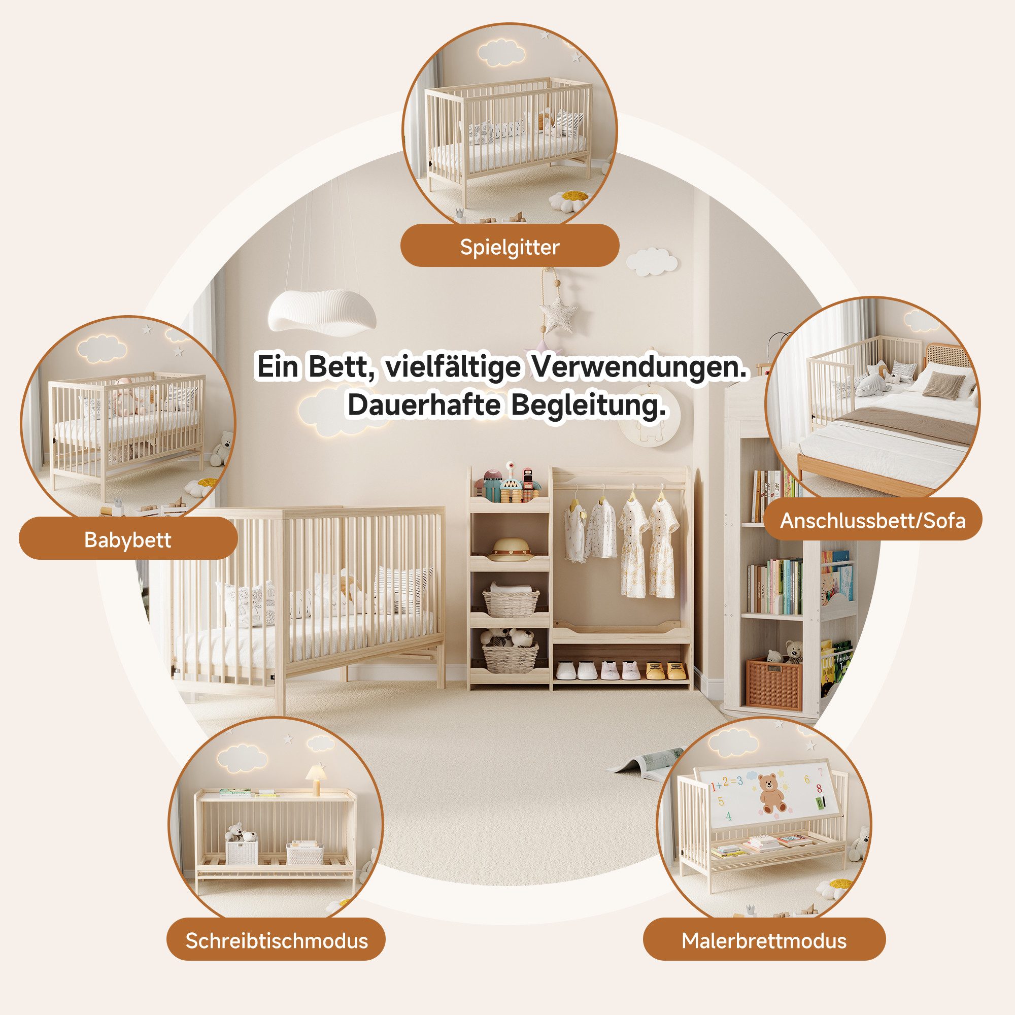 OKWISH Bedroom Set Children's Combination Furniture (Youth Room Furniture Set, 3-piece, Solid Wood + MDF), Wooden Baby Bed + Wardrobe + Rotating Bookcase