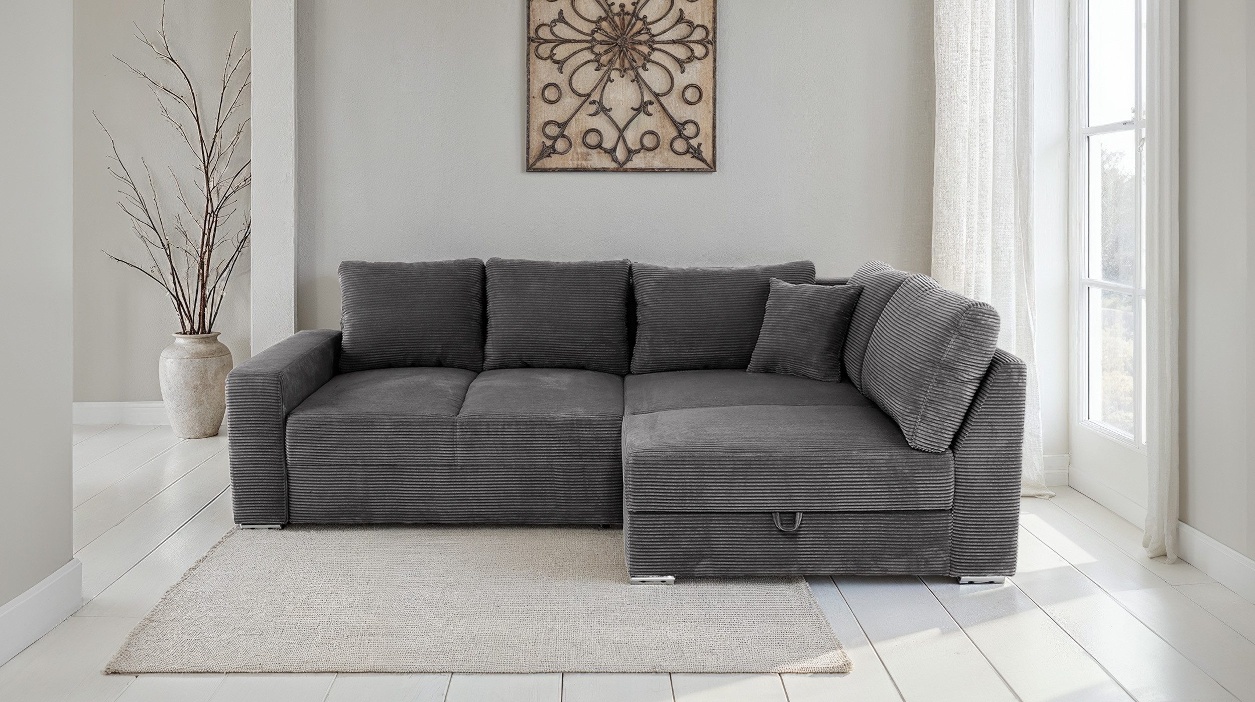 Massivart® Ecksofa Cord Grau 260 cm / ausziehbar / Schlaffunktion & Bettkas günstig online kaufen