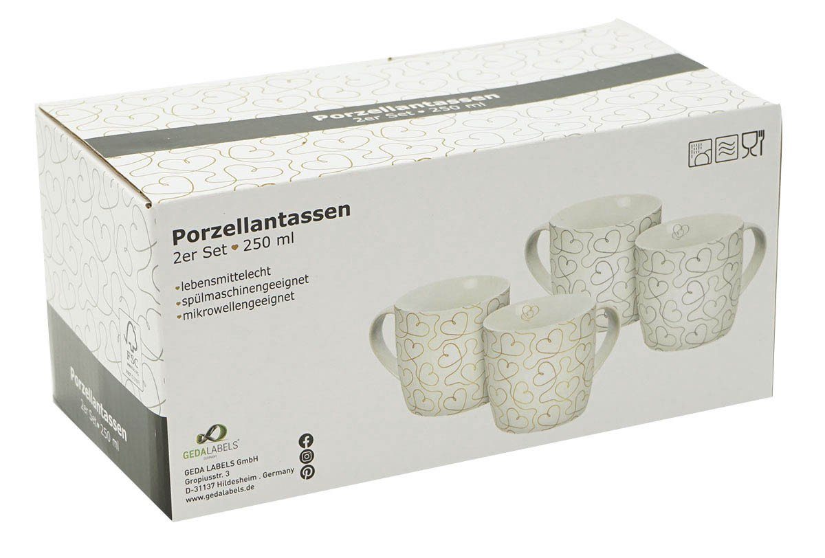 Geda Labels GmbH Tasse Flying Hearts 2er Set, Porzellan, gold & silber, 250 ml, spülmaschinengeeignet