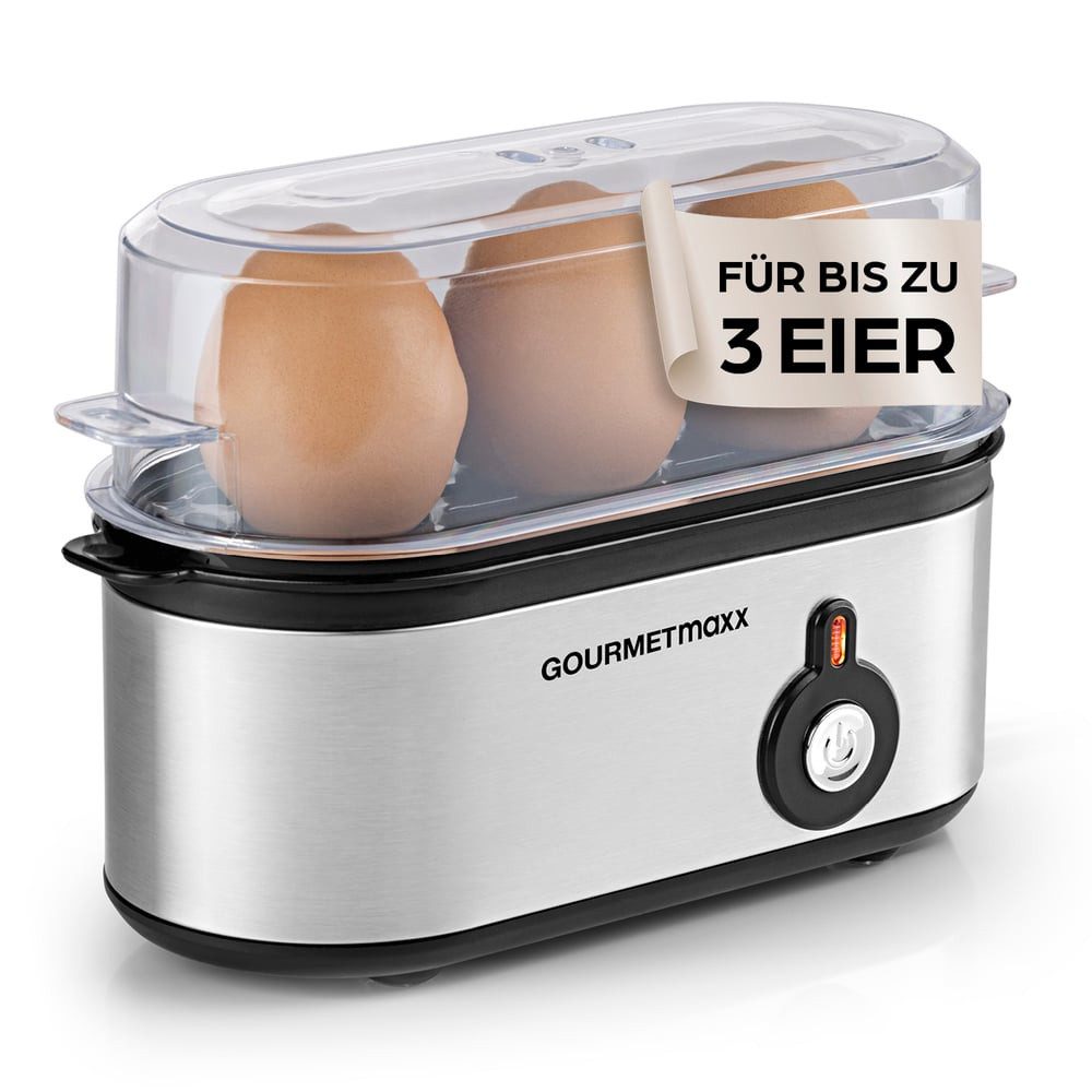 GOURMETmaxx Eierkocher für 3 Eier 210W Edelstahl, 210 W, mit Messbecher & Eierstecher - kompakt