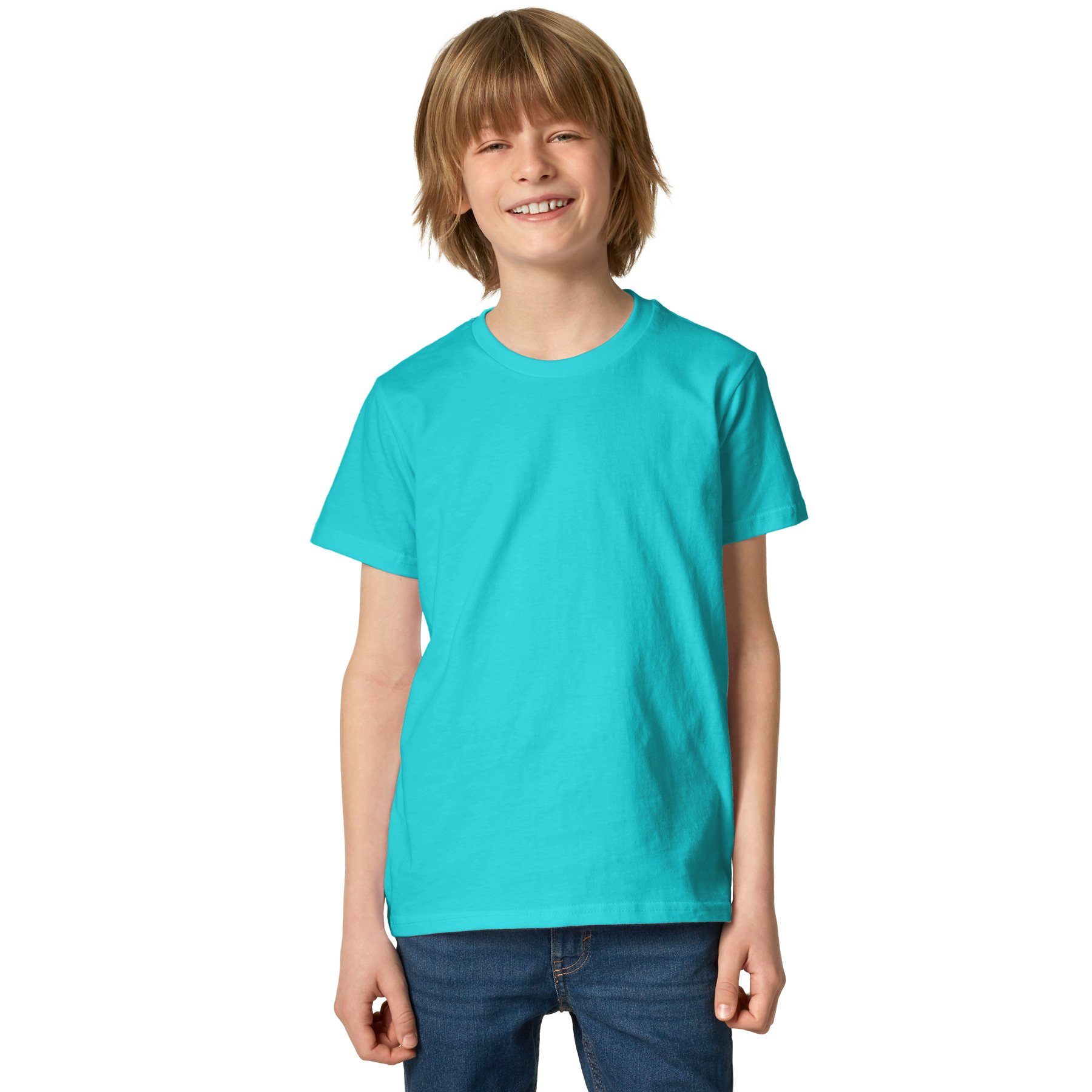 dressforfun T-Shirt Kurzarmtop, Für viele Outfits & Auftritte, Rundhals mit (Freizeitoberteil, Konfektionsgröße 116 (5-7 Jahre) in türkis) Einfarbiges T-Shirt für Kinder, Fester Stoff, hoher Tragekomfort
