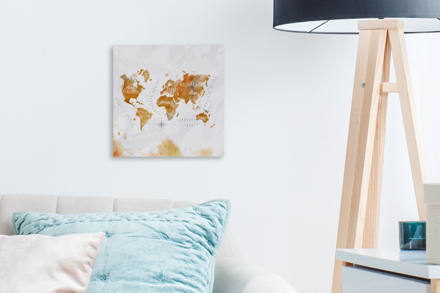 OneMillionCanvasses® Leinwandbild Wohnzimmer - Schlafzimmer Aquarell Weltkarten Bilder für Leinwand Gold, (1 - St)