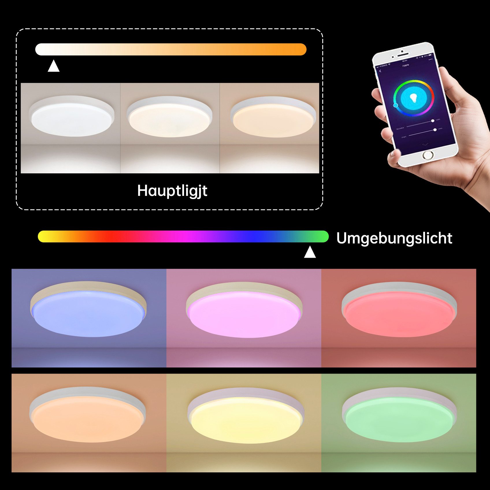 JDONG Deckenleuchte LED 30/40/50CM, RGB Deckenleuchte Rund 3000K-6500K, Led Deckenleuchte dimmbar, Kompatibel mit Alexa, APP-Steuerung, Google Assistant, Fernbedienung, für Schlafzimmer, Wohnzimmer, Kinderzimmer