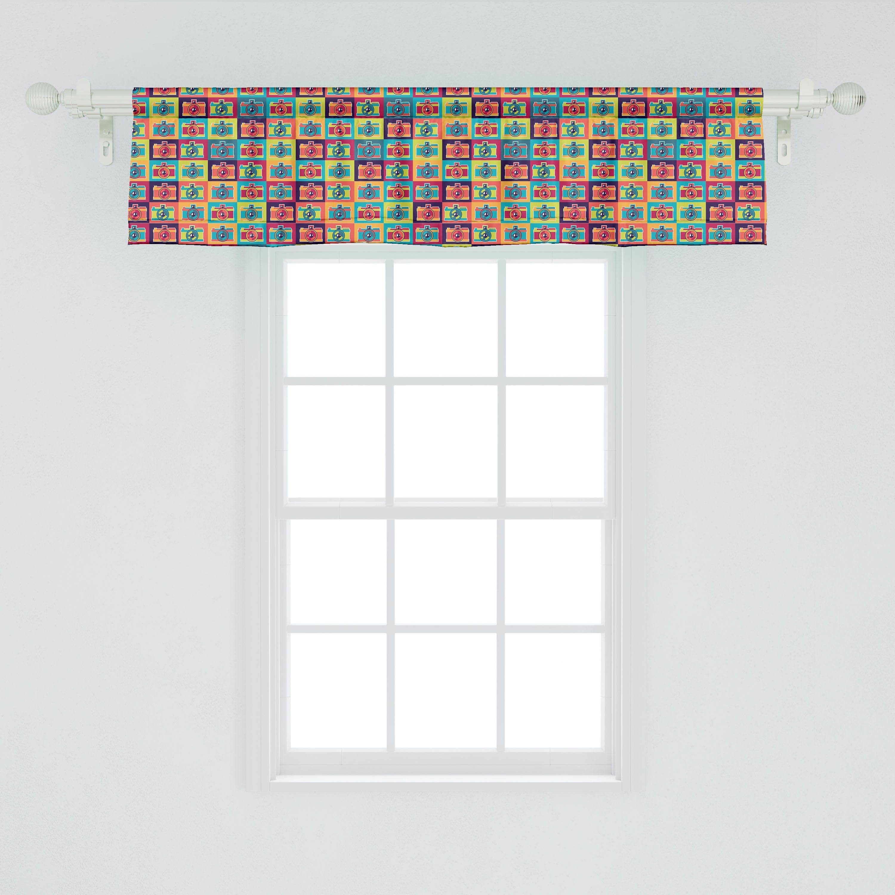 Scheibengardine Vorhang Volant für Küche in Abakuhaus, Bunte Stangentasche, Squares mit Dekor Retro Microfaser, Schlafzimmer Kameras