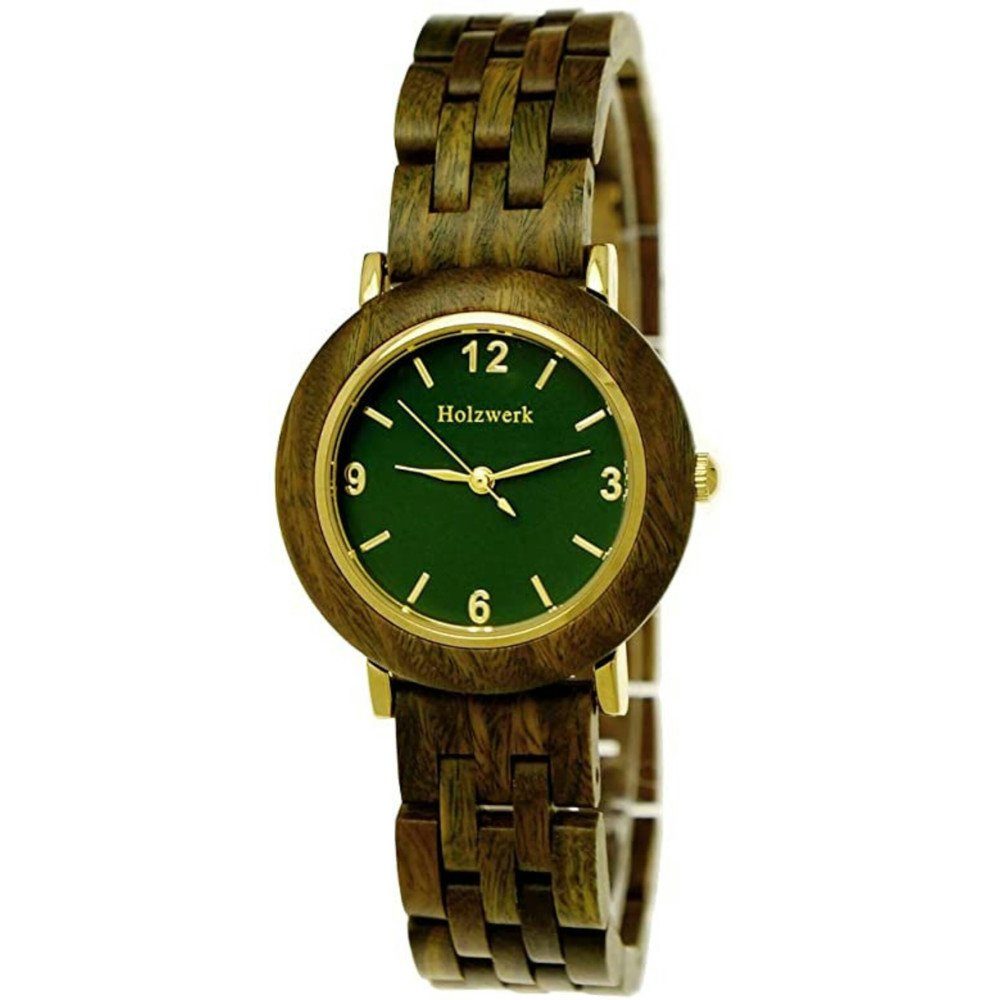 Holzwerk Quarzuhr USLAR kleine Damen Edelstahl & Holz Armband Uhr, oliv grün, gold | Quarzuhren