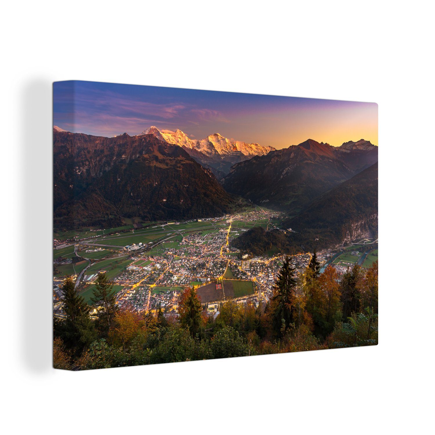 OneMillionCanvasses® Leinwandbild Sonnenuntergang über der Schweizer Stadt Interlaken, (1 St), Wandbild Leinwandbilder, Aufhängefertig, Wanddeko, 30x20 cm