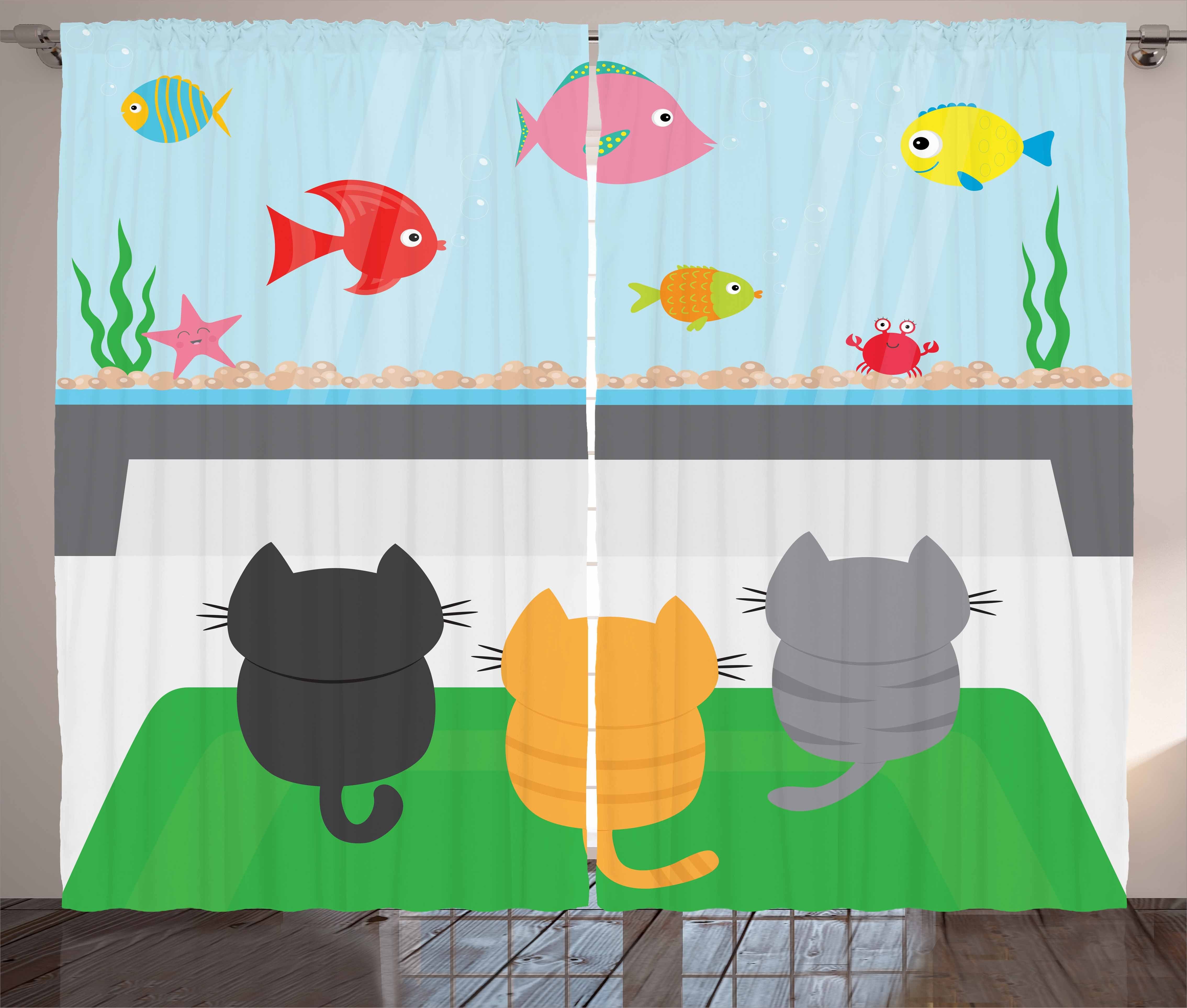 Gardine Schlafzimmer Kräuselband Vorhang mit Schlaufen und Haken, Abakuhaus, Katze Katzen Blick auf Fishtank