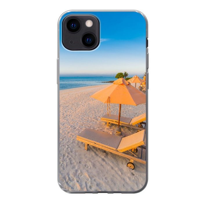 MuchoWow Handyhülle Karibischer Strand mit Strandkorb Handyhülle Apple iPhone 13 Smartphone-Bumper Print Handy