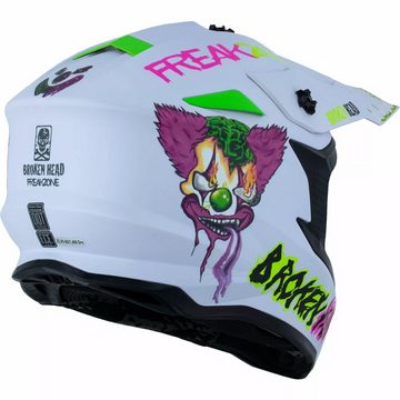 Broken Head Motocrosshelm Freakzone Weiß-Pink + MX-Brille Regulator Pink (Mit MX-Brille), Verrücktes Clown-Motiv