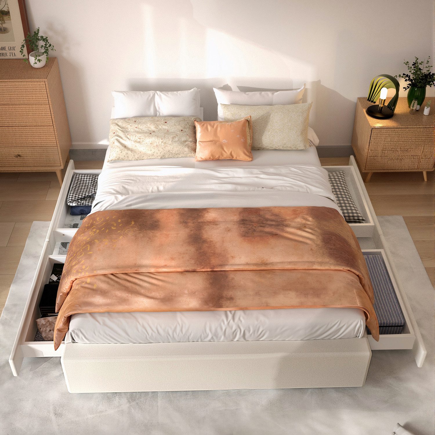 oyajia Polsterbett Doppelbett 140x200cm, Stauraumbett mit Lattenrost und 4 günstig online kaufen