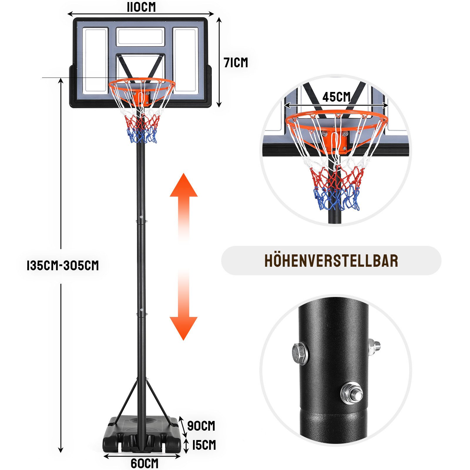 TLGREEN Basketballkorb Outdoor-Basketballkorb, (Korbhöhe Verstellbar von 135 bis 305 cm, mit 110 x 71 cm Rückwand)