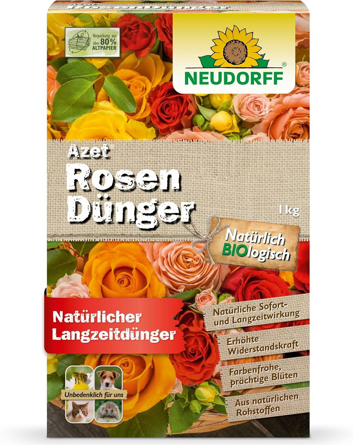 Neudorff Blumendünger Azet RosenDünger 1 kg, Einzelartikel, Rosendünger für üppige Blütenpracht und intensive Farbkraft, Rosendünger mit Mykorrhiza & Mikroorganismen, bis 100 Tage Wirkung