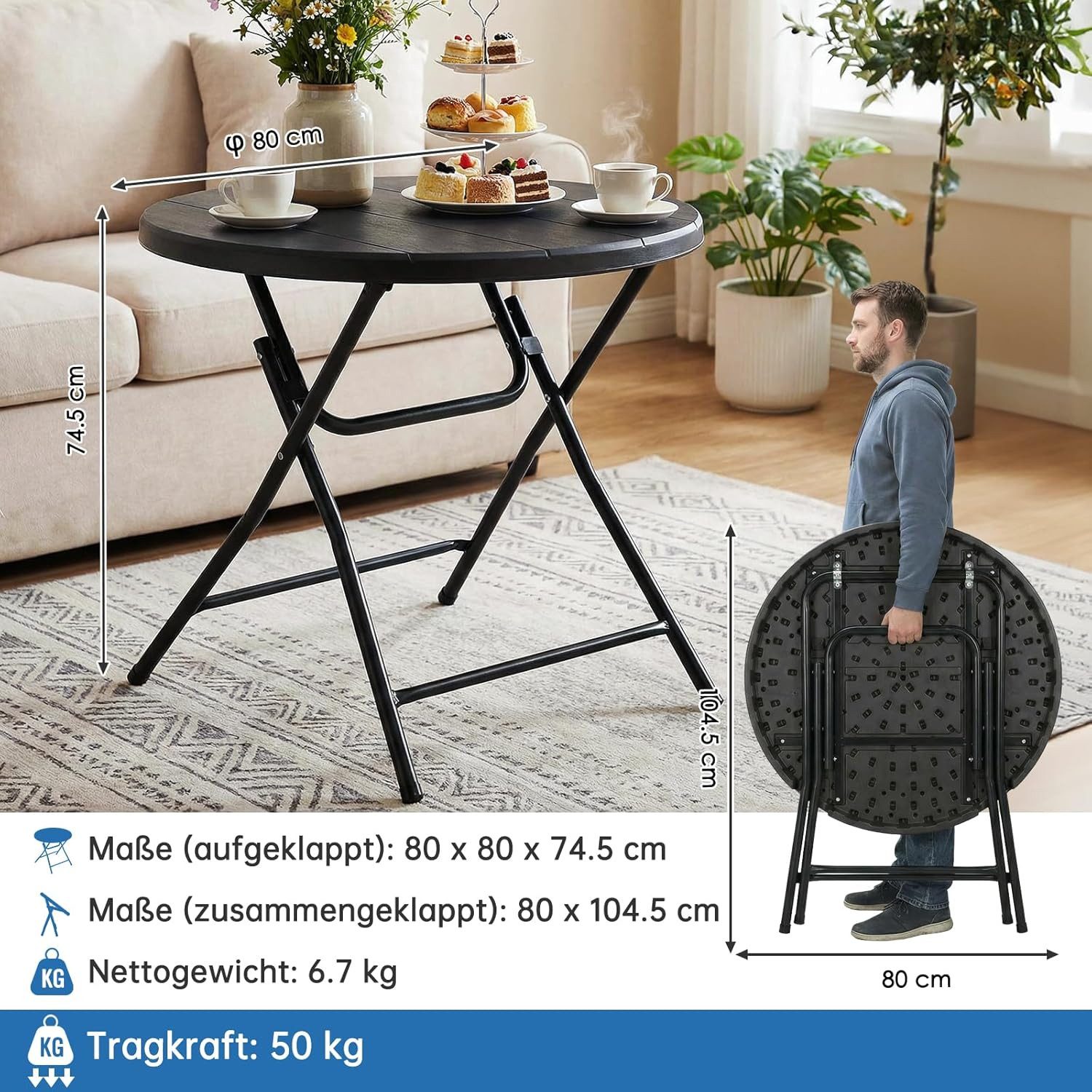 TLGREEN Gartentisch Rund Klappbar - 80cm Holz-Optik Wetterfest Balkontisch (Tragfähigkeit bis 50kg, Pflegeleicht Campingtisch), für Garten, Picknick, Party, Innen- & Außengebrauch