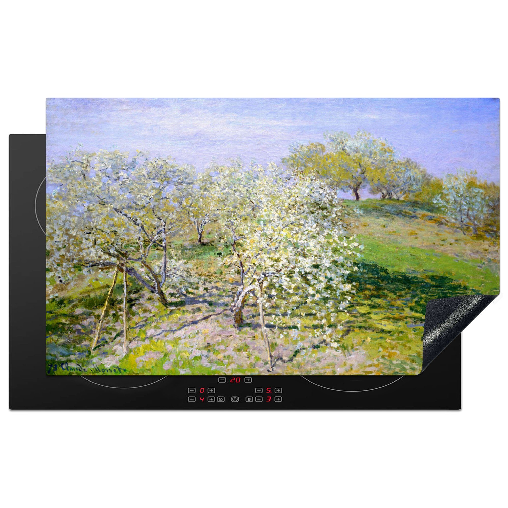 83x51 tlg), cm, (1 küche MuchoWow Vinyl, Gemälde Claude für Arbeitsplatte Monet, Herdblende-/Abdeckplatte Blühende von - Apfelbäume Ceranfeldabdeckung,