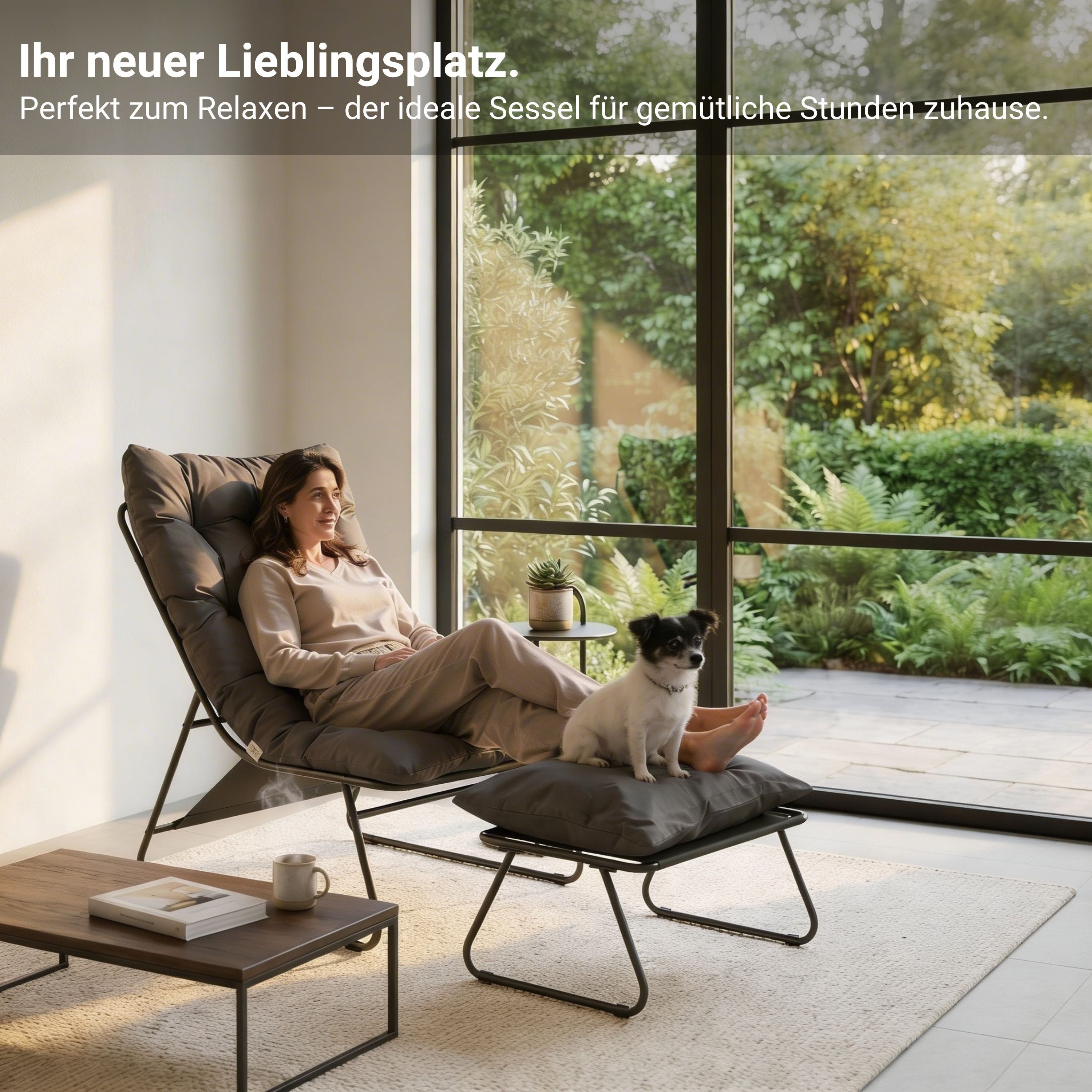 NovaTerra Gartenlounge-Set Entspannungssessel mit Fußstütze + Tisch 3-teiliges Set aus Metall – Bild 2 von 5