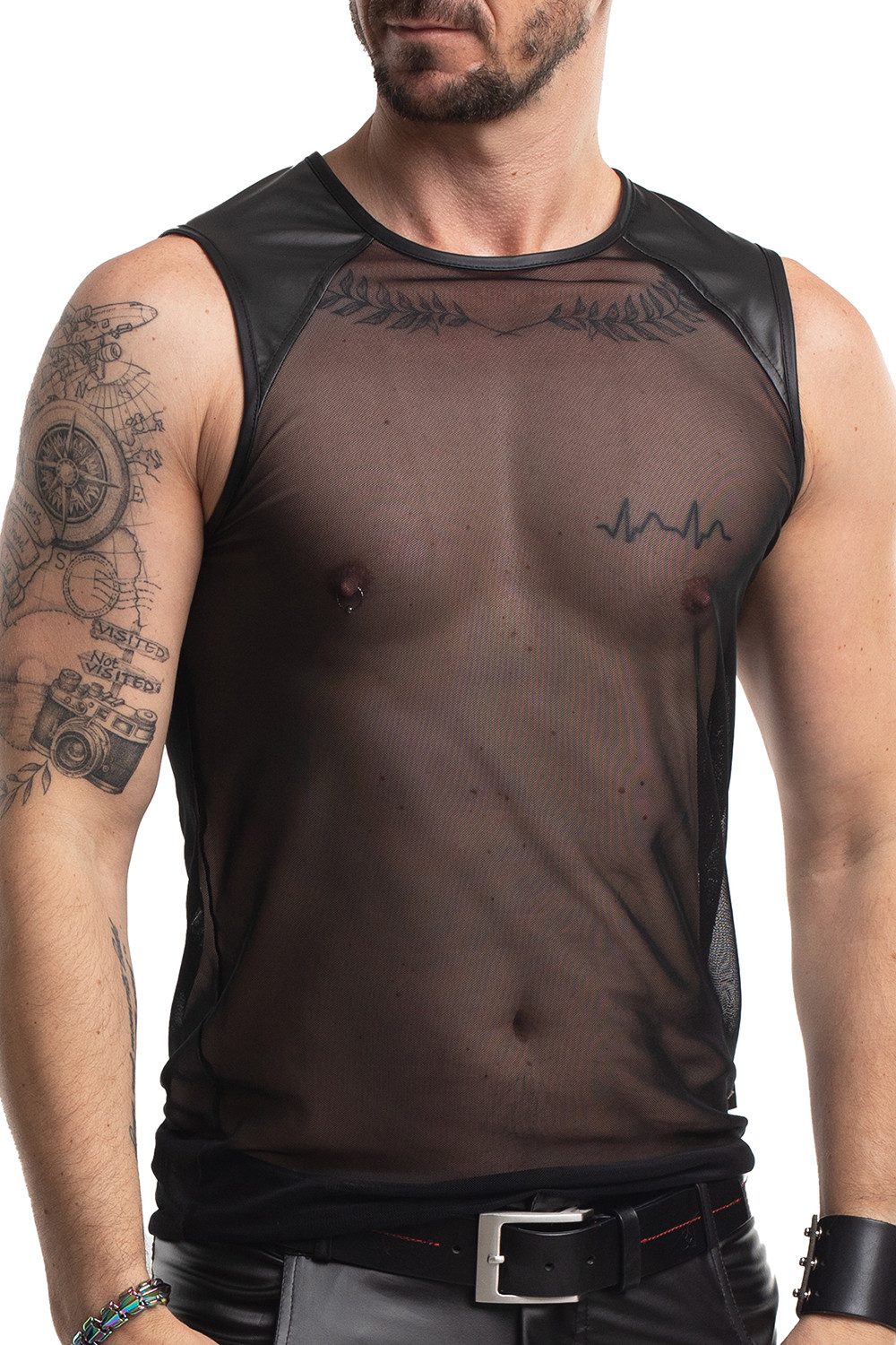 Regnes Fetish Planet T-Shirt Herren Shirt schwarz aus schwarzem, transparentem und elastischem Mesh