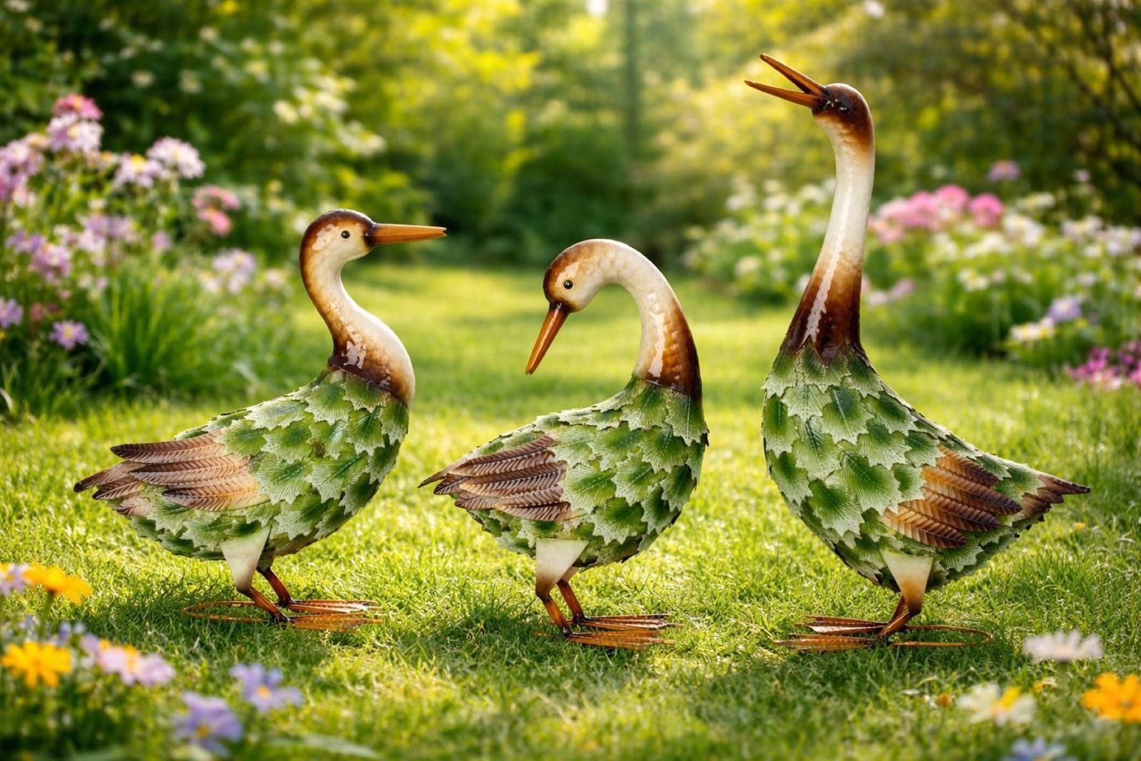 Geschenkestadl Tierfigur Enten Metall 3er Set 37–53 cm – Entenfamilie Garten Deko Figuren (Spar-Set, 3 St., 3 verschiedene harmonisch auf einander abgestimmte Enten), grünes Blattdesign