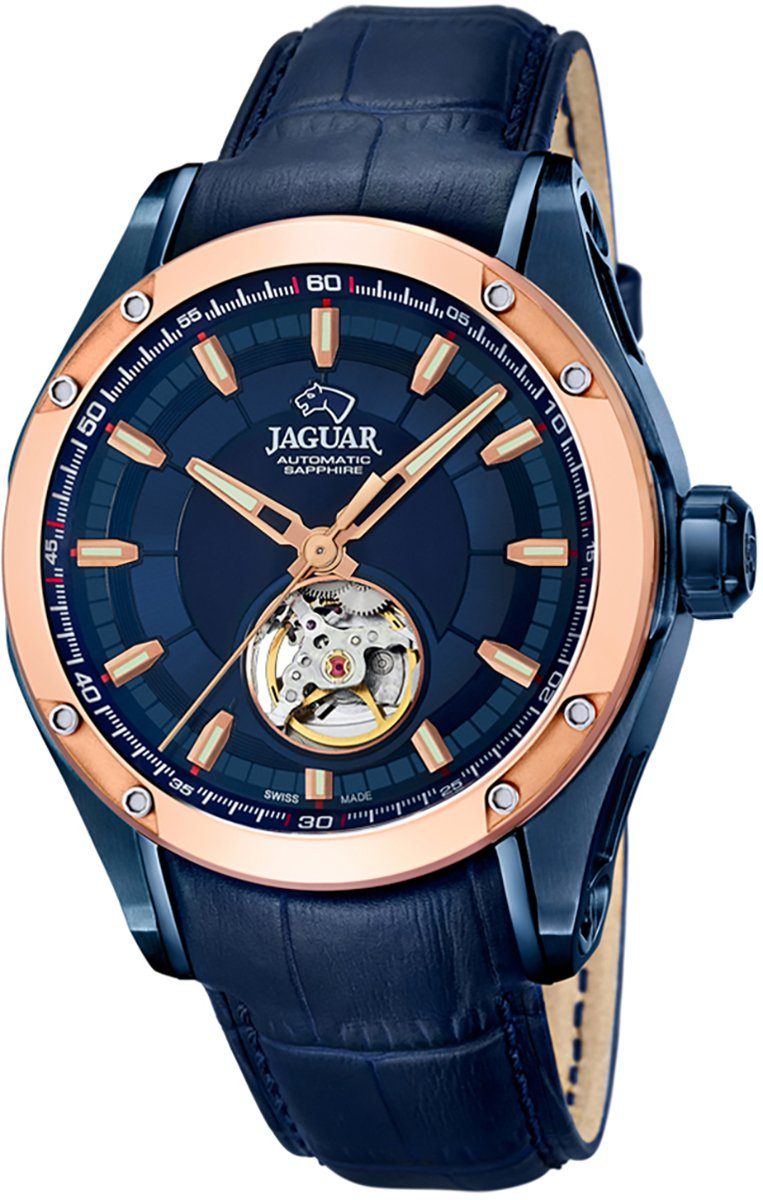 JAGUAR Quarzuhr Jaguar Herren Uhr Automatik J812/A Leder, (Analoguhr), Herren Armbanduhr rund, Lederarmband blau, Elegant