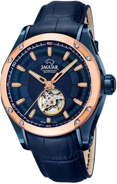 JAGUAR Quarzuhr Jaguar Herren Uhr Automatik J812/A Leder, Herren Armbanduhr rund, Lederarmband blau, Elegant