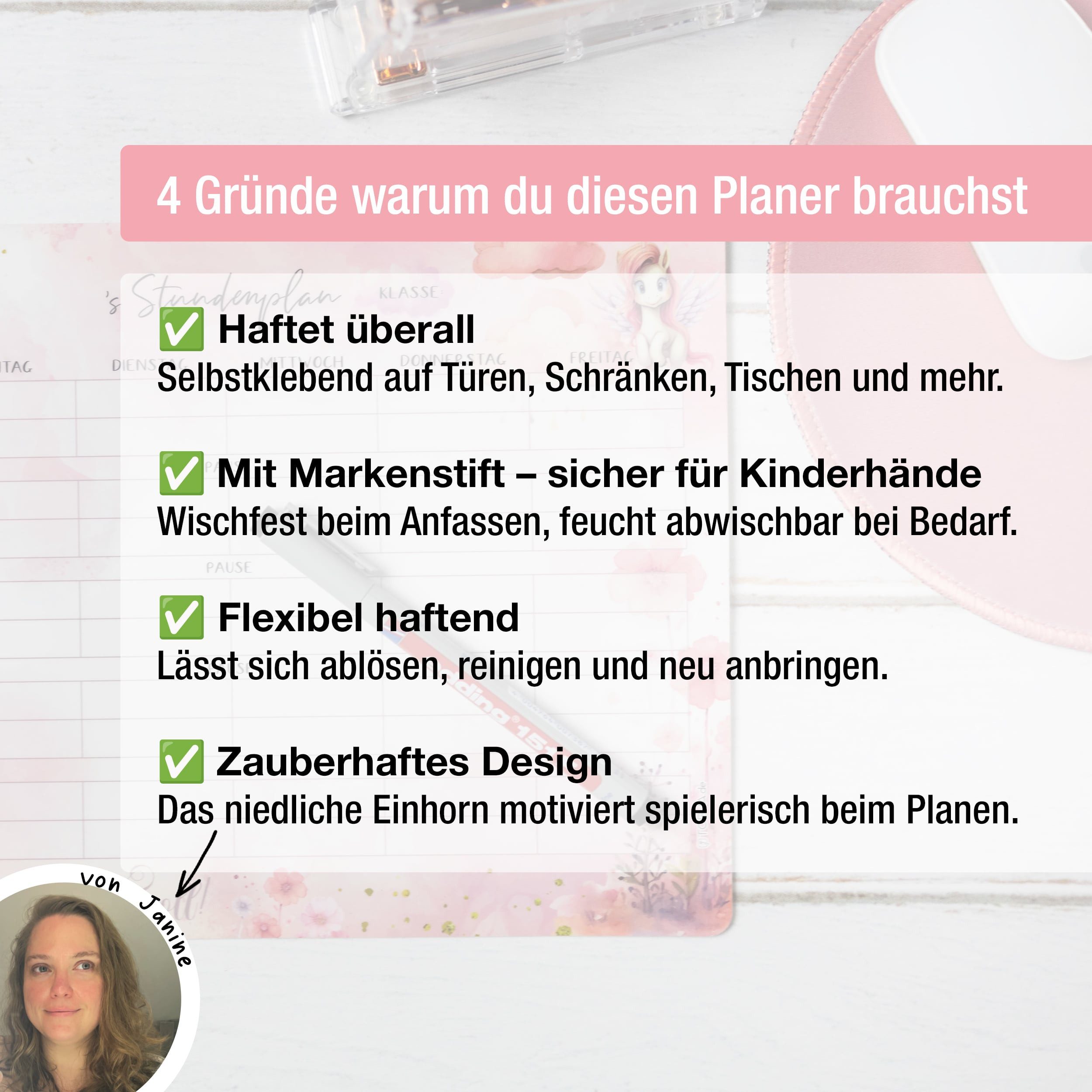 TOBJA Wandtafel Stundenplan Unicorn Einhorn - inkl. Stift, wiederablösbar, Mädchen Rosa Grundschule Wochenplaner Schule – Bild 2 von 5