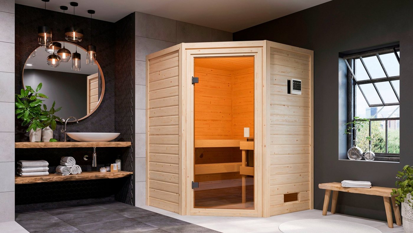Thumbnail - welltime Sauna Anni, BxTxH: 145 x 145 x 187 cm, 38 mm, 3,6-kW-Bio-Plug & Play Ofen mit ext. Steuerung