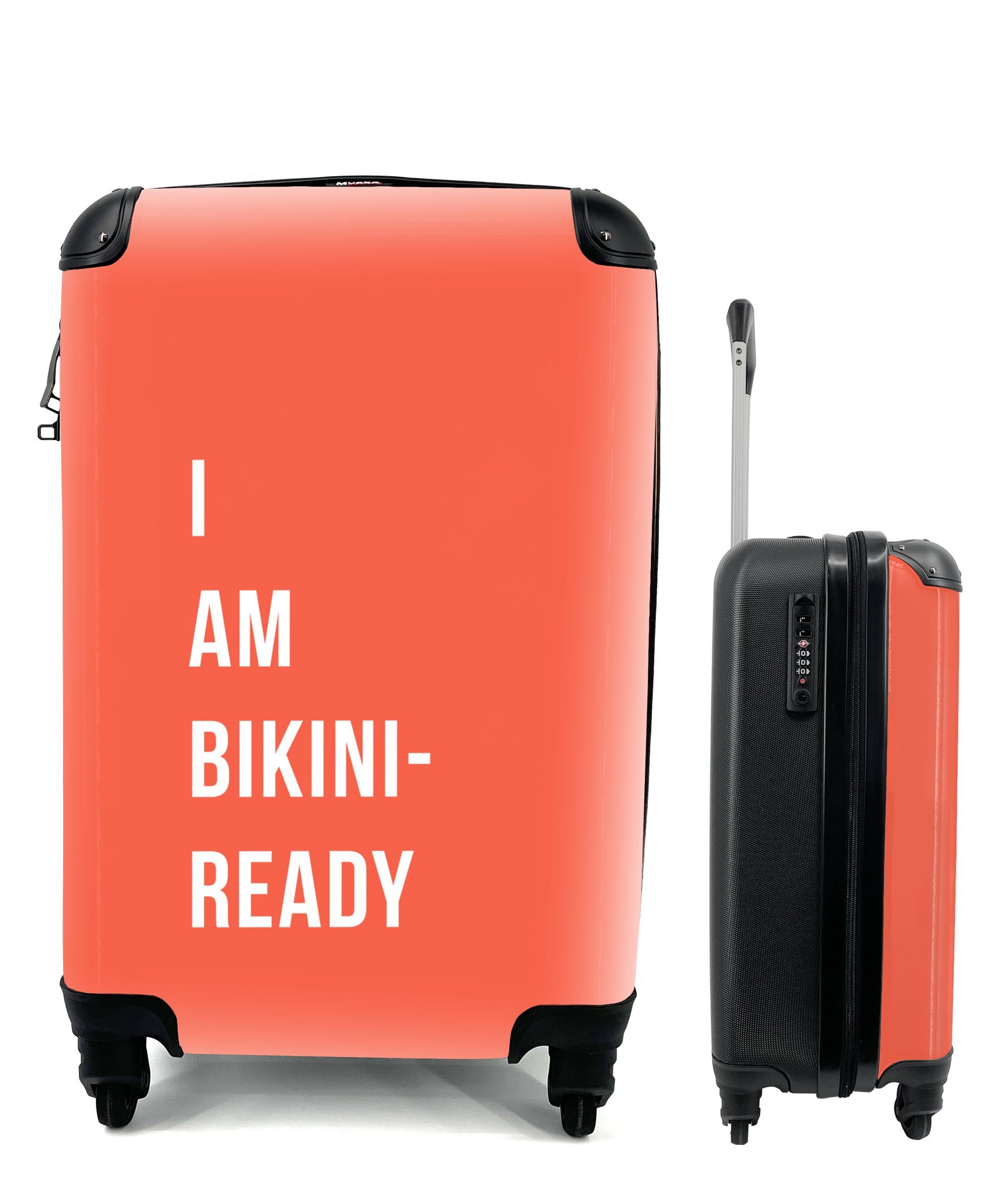 MuchoWow Handgepäckkoffer Ich bin bereit für den Bikini - Orange - Zitat, 4 Rollen, Reisetasche mit rollen, Handgepäck für Ferien, Trolley, Reisekoffer