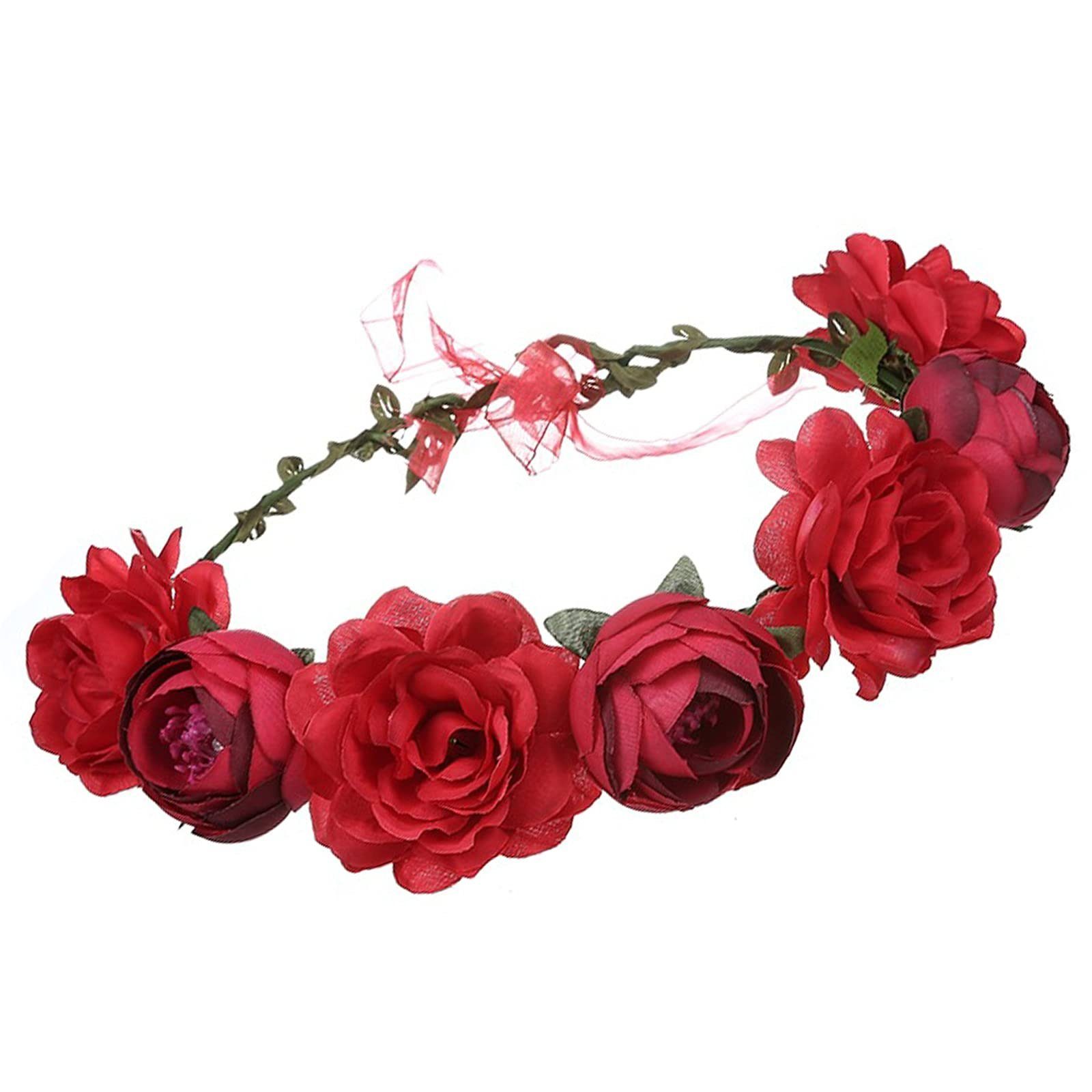 POCHUMIDUU Haargummi Blumenkranz Haar Blumen Stirnband Floral Garland Krone Haarreif, Für Hochzeit Zeremonie Party Festival Rot | Haargummis