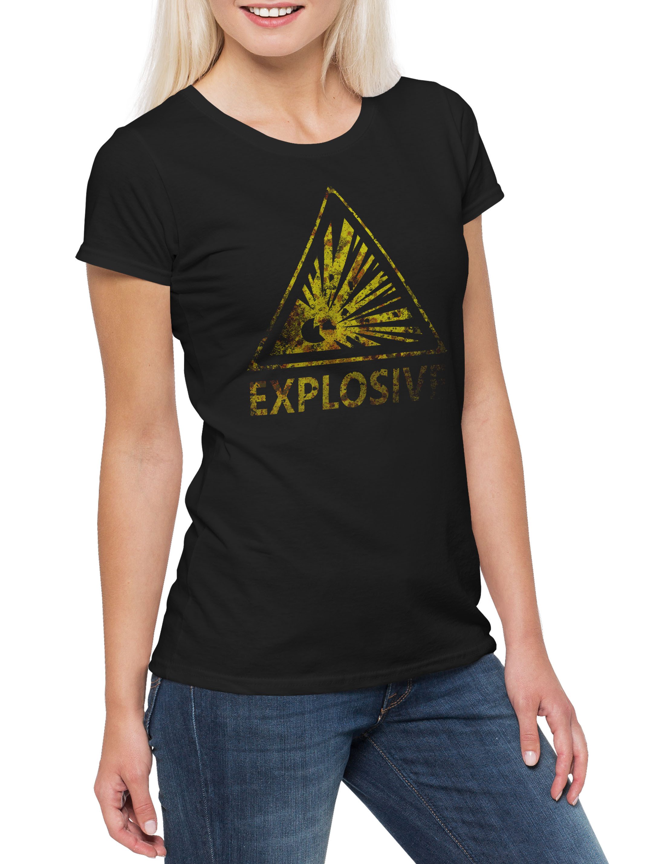 Print-Shirt Caution Explosive Vintage Logo Sign Damen T-Shirt Warning Danger
