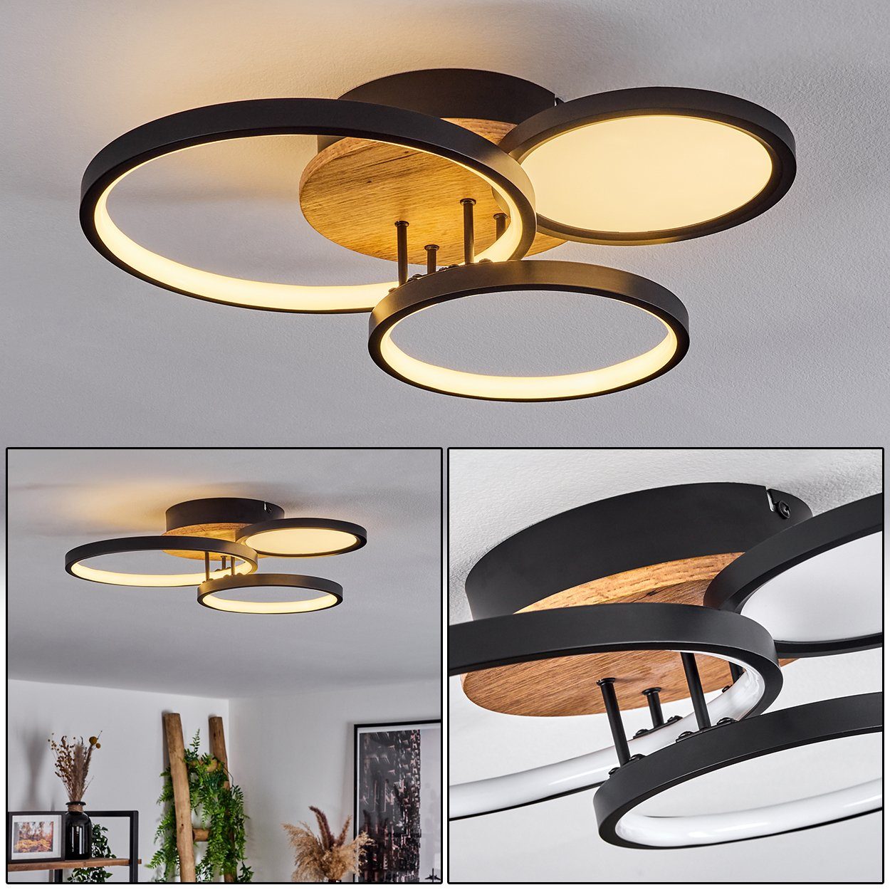 hofstein Deckenleuchte »Casamassella« Deckenlampe, Metall/MDF/Kunststoff,  Schwarz/Holzoptik, 3000 Kelvin, mit 3 Ringen, 1500 Lumen, LED, Braun, Weiß