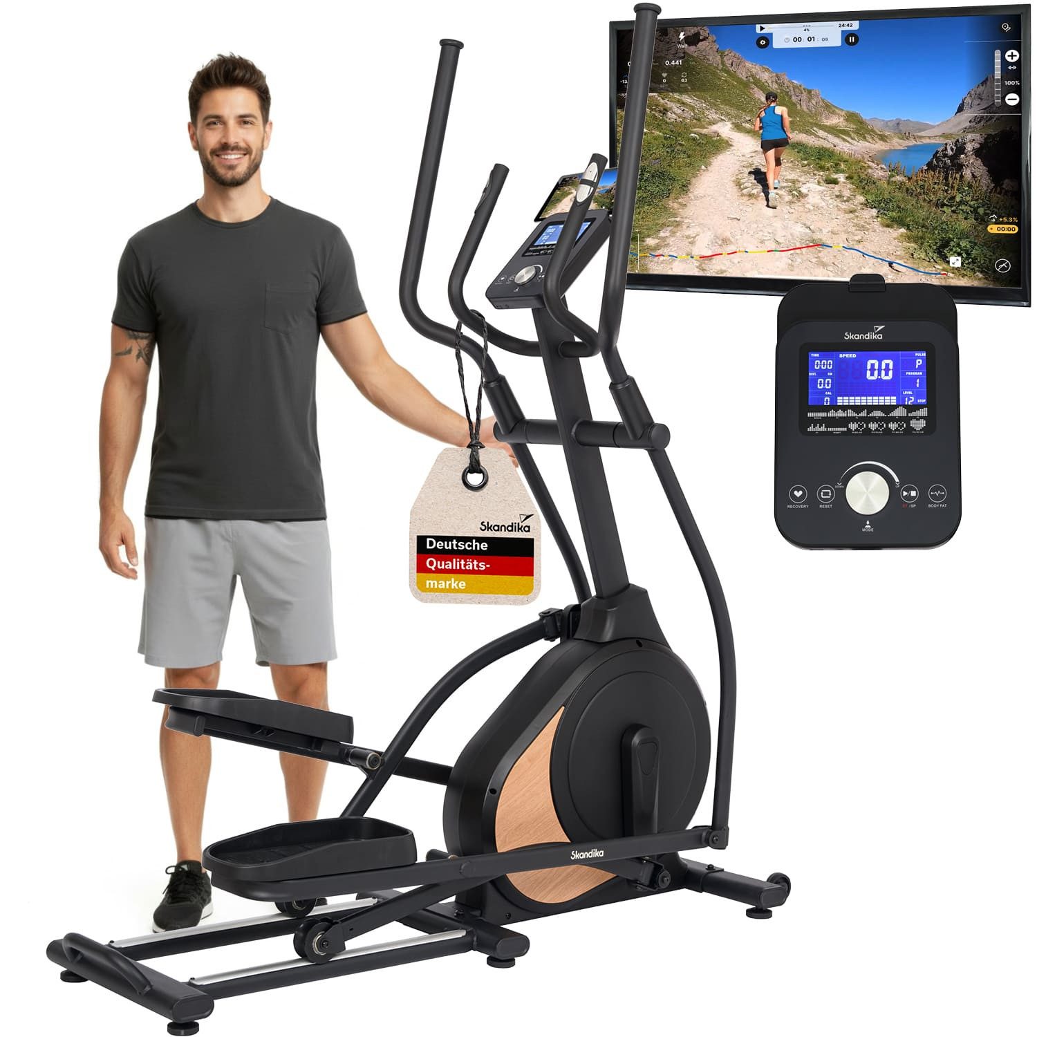 Skandika Crosstrainer Carbon P18, Ellipsentrainer für Zuhause, 32 Widerstandsstufen (Transportrollen, Tablet-Halterung, Bluetooth, bis 135 kg, Größe Pedale), 13 Programme, LCD Display, App kompatibel, Handpulssensoren