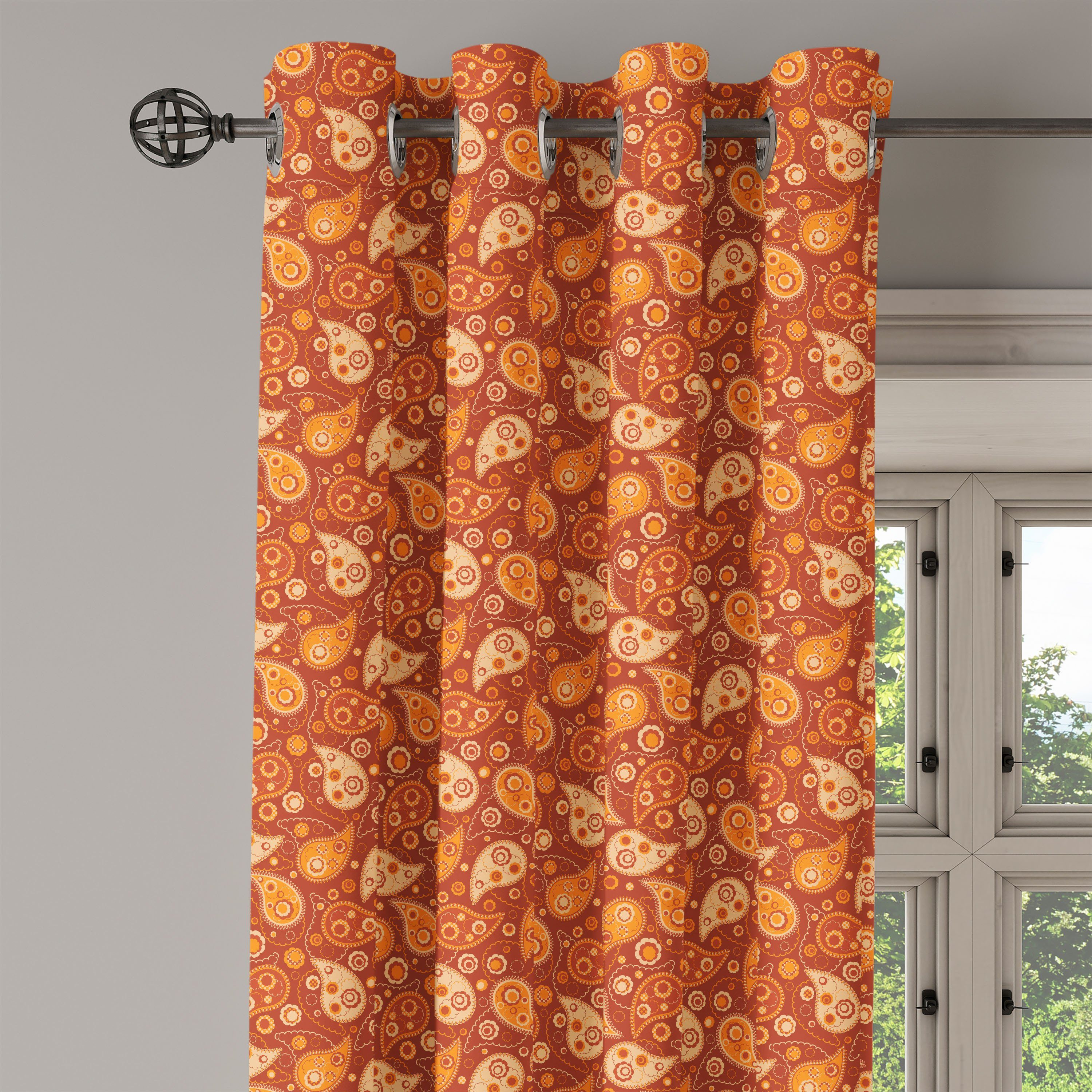 Gardine Dekorative Blumen für Orange Abakuhaus, Wohnzimmer, Retro 2-Panel-Fenstervorhänge Schlafzimmer Paisley