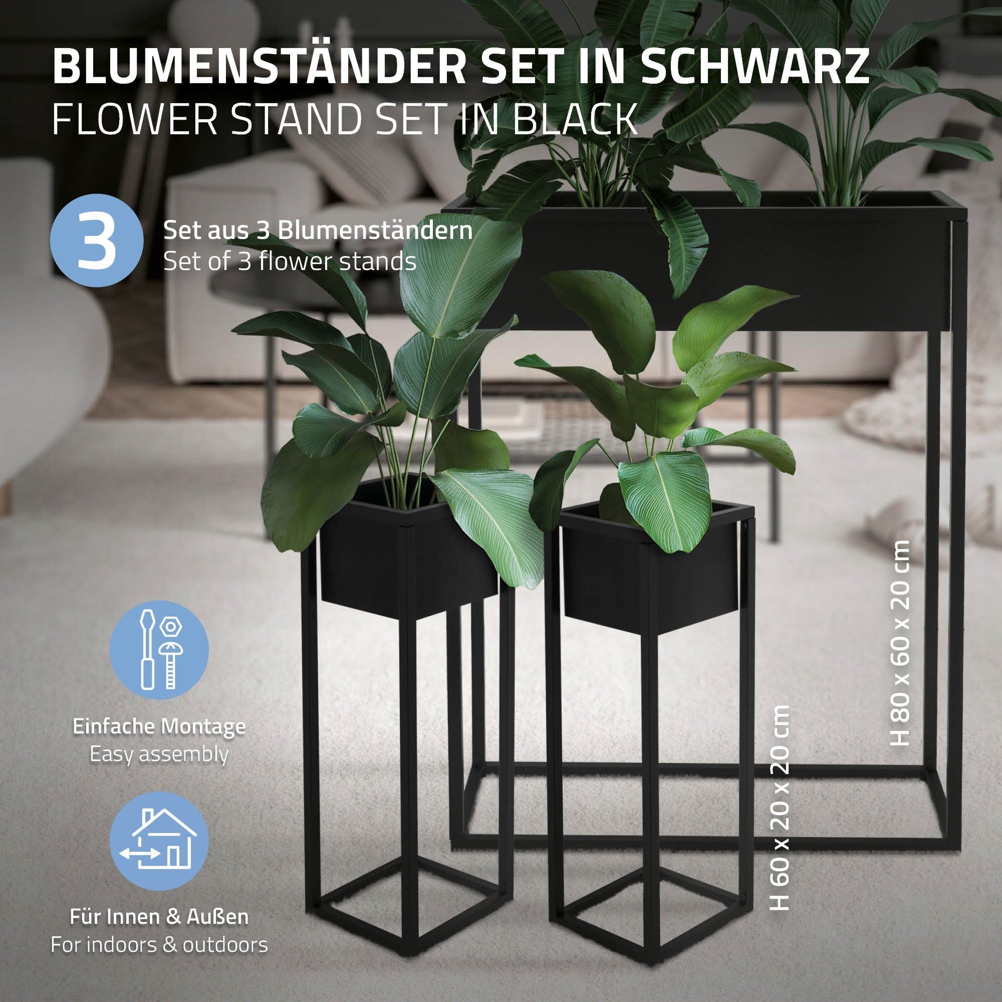 Hochbeet 9er Set Metall (3er Blumenständer Übertopfständer Übertopfständer Blumenkasten 20x20x60cm Pflanzenständer ML-DESIGN stehend Pflanzkasten Schwarz 60x20x80cm Set),