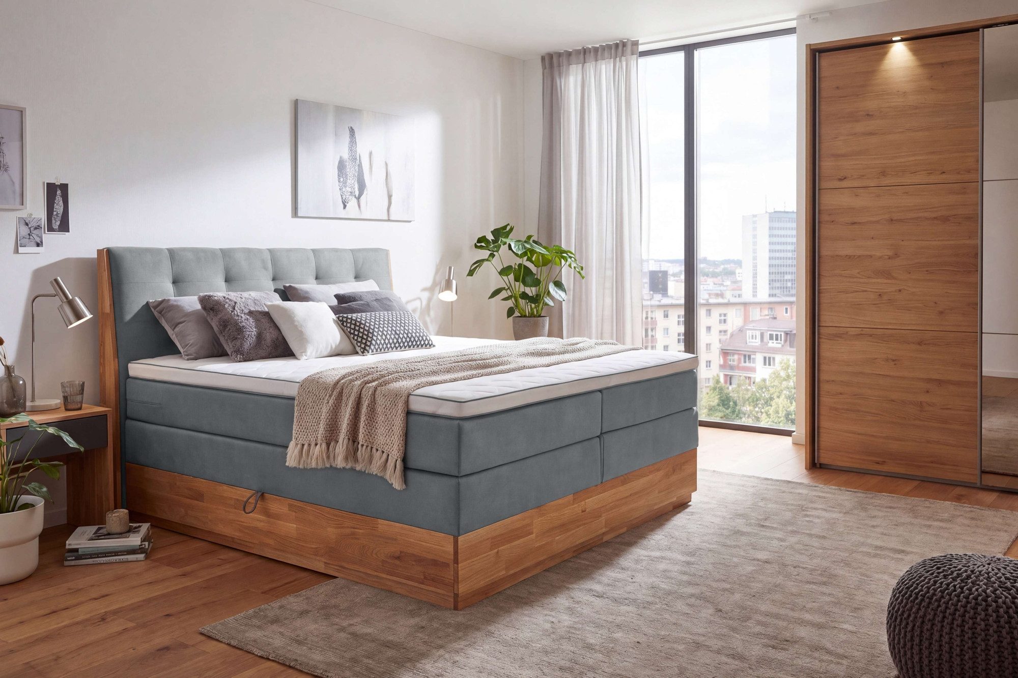 OTTO home Boxspringbett Alleea, Doppelbett, Polsterbett, Federkernbett, Komforbett, 160/180 cm, inkl. Topper, zwei Bettkästen, Taschen-Federkernmatratze, Härtegrad 3