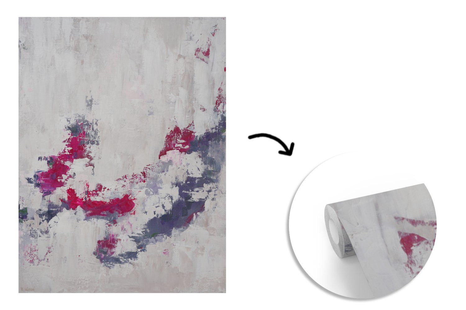 Tapete Kunst, bedruckt, für Fototapete Grau - Wandtapete Rosa MuchoWow (4 St), Matt, Farbe Vinyl - Wohnzimmer, - Montagefertig