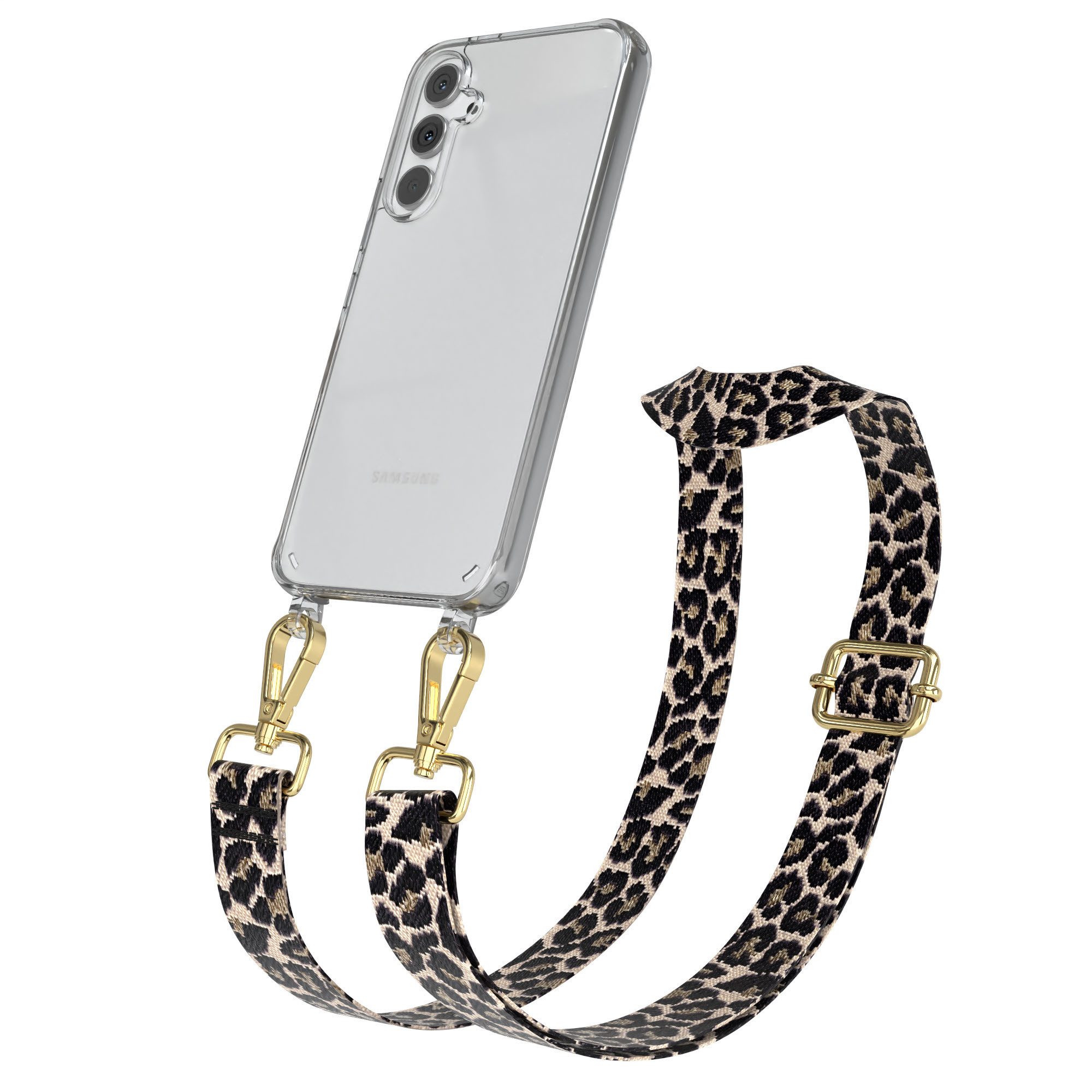 EAZY CASE Handykette Boho Umhängeband für Samsung Galaxy A54 6,4 Zoll, Body Bag Leo Wechselband Ersatzgurt klare Hülle Silicon Schwarz Beige