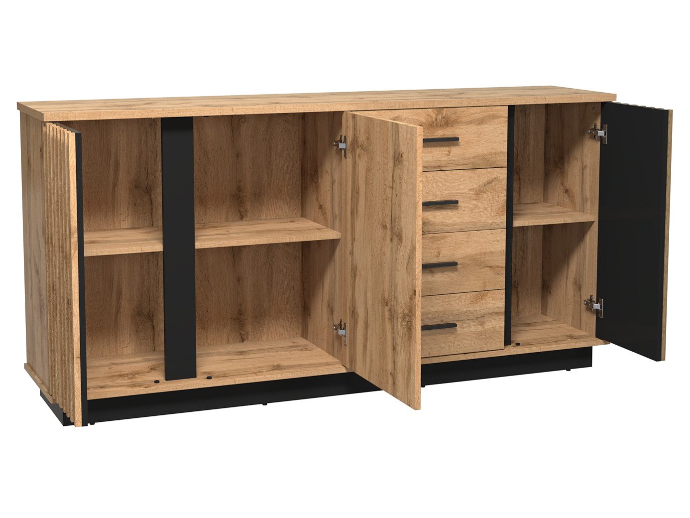Beautysofa Kommode Lamelo mit 4 Schubladen und 3 Türen (Lamellenfront, Eiche Wotan/Schwarz, modernes Loft-Design), mit dekorativen Lamellen, geräumig – Bild 2 von 5