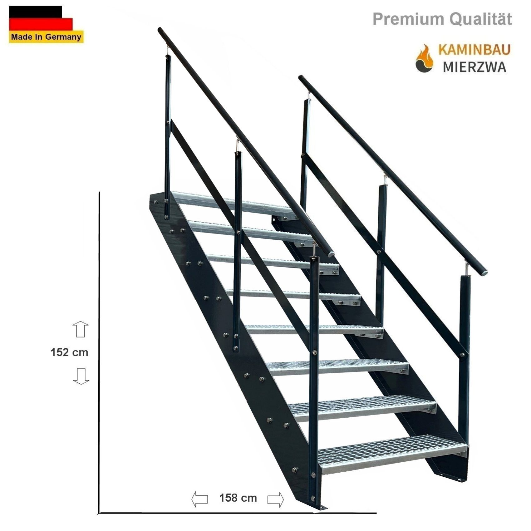 Thumbnail - Kaminbau Mierzwa Außentreppe Premium Treppe Anthrazit mit und ohne Geländer, für Geschosshöhen bis 152.00 cm, Stufen Git...