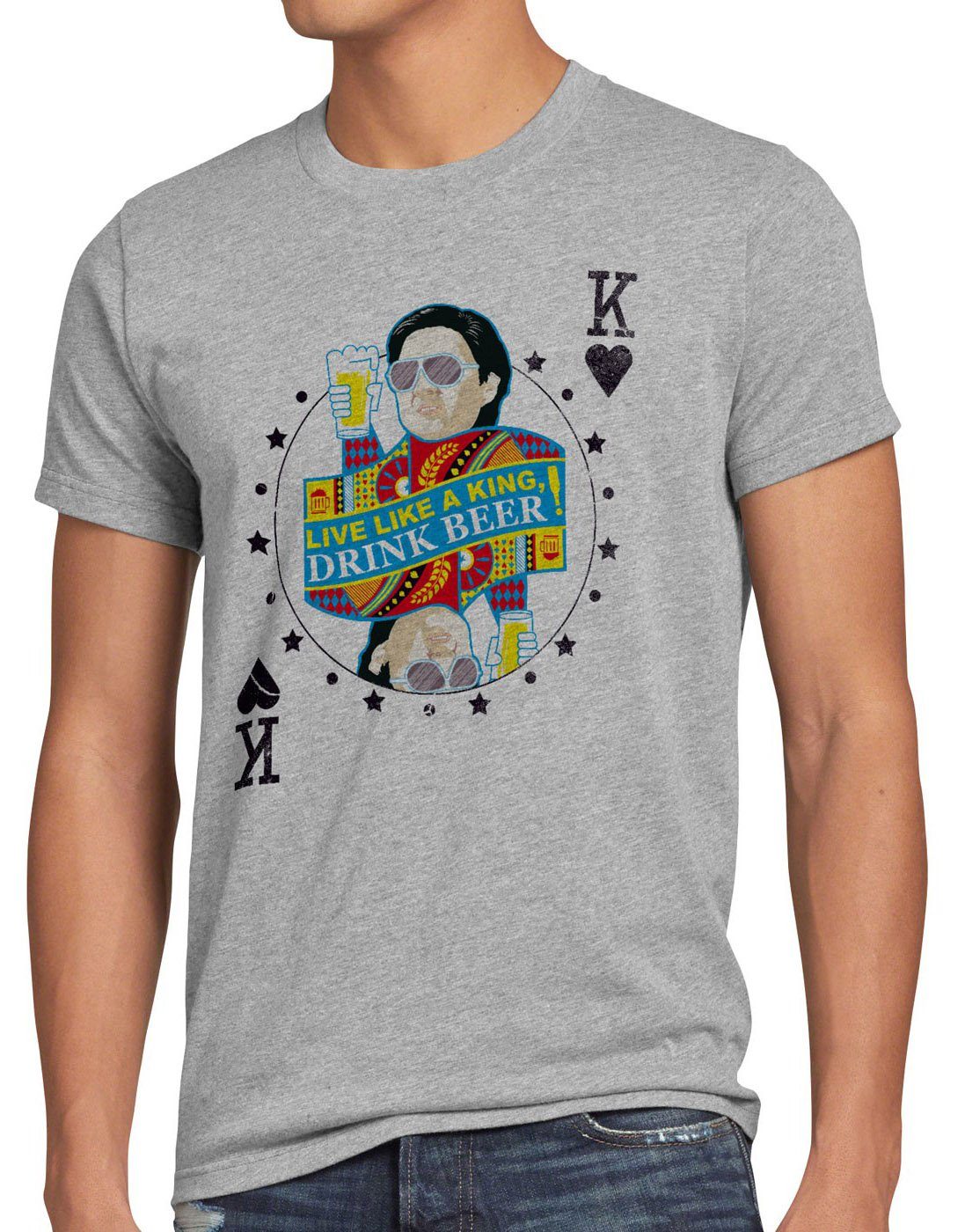 style3 Print-Shirt Herren T-Shirt Live like a King drink beer bier hanover las vegas chow casino grau meliert