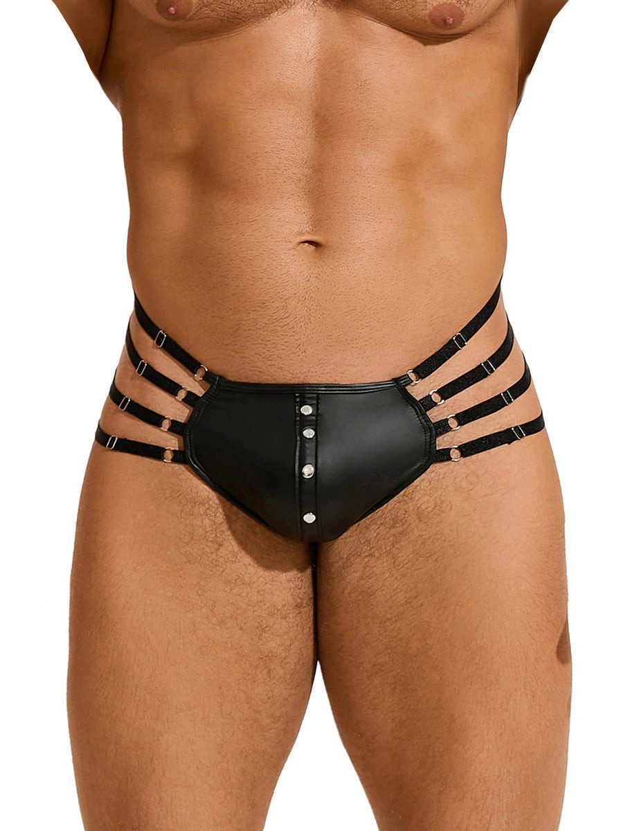 Lau-Fashion String Herren Wetlook Tanga Schwarz Harness Lack Leder Bänder Nieten M/L