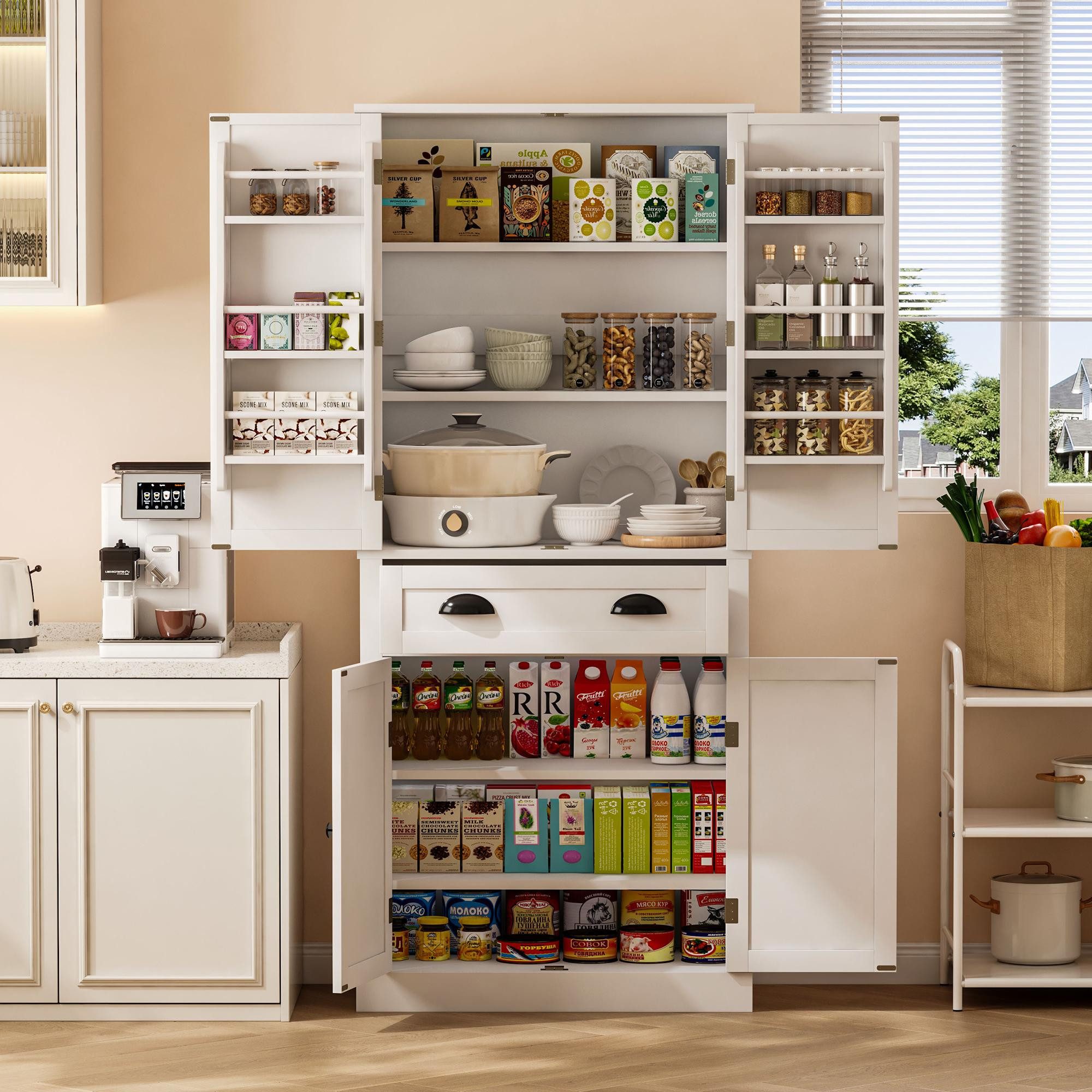 Merax Mehrzweckschrank mit 4 Türen und 1 Schublade (1-St., 182x80x40cm) Hochschrank Küchenschrank mit verstellbaren Einlegeböden