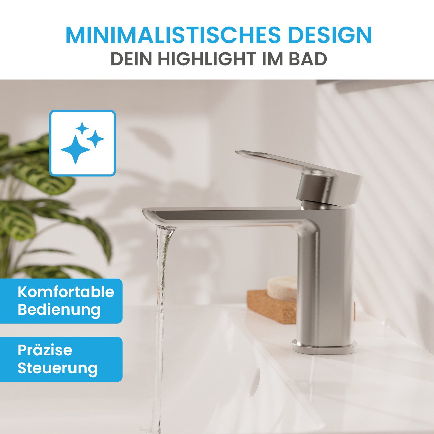 Bächlein Badarmatur Elegante Waschtischarmatur Mizarela (Edelstahl gebürstet) hochwertiger Wasserhahn im minimalistischen Design – Bild 4 von 5