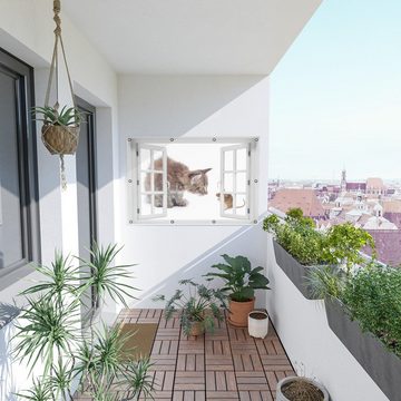 Wallario Sichtschutzzaunmatten Katze und Maus beim Spielen - weißer Hintergrund, mit Fenster-Illusion