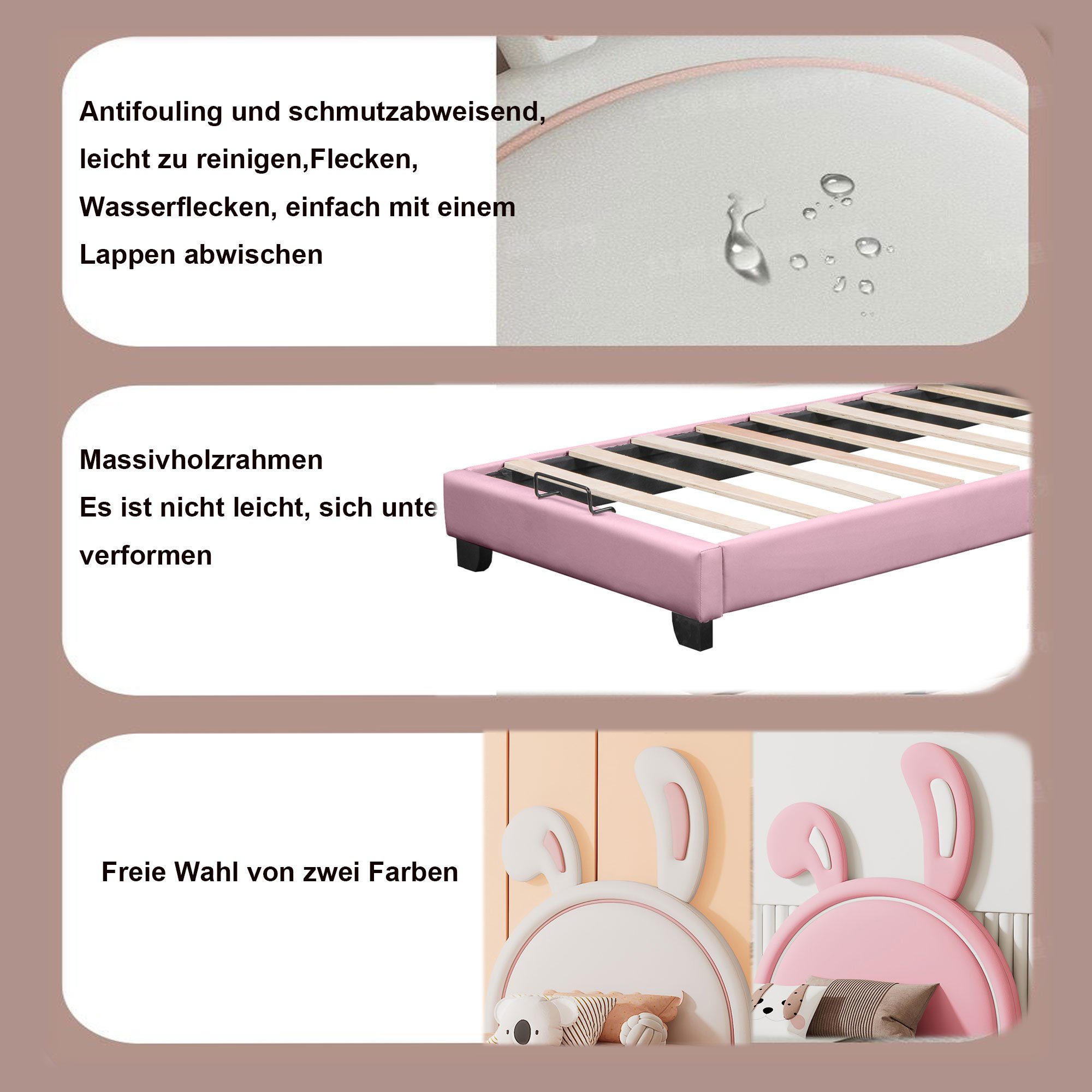 Polsterbett Einzelbett Merax Lattenrost, 90x200cm, Rosa aus | Kinderbett Kunstleder Hasenohr-Kopfteil Rosa und