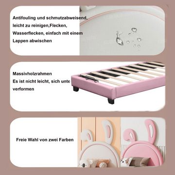 Merax Polsterbett Einzelbett 90x200cm, Hasenohr-Kopfteil und Lattenrost, Kinderbett aus Kunstleder