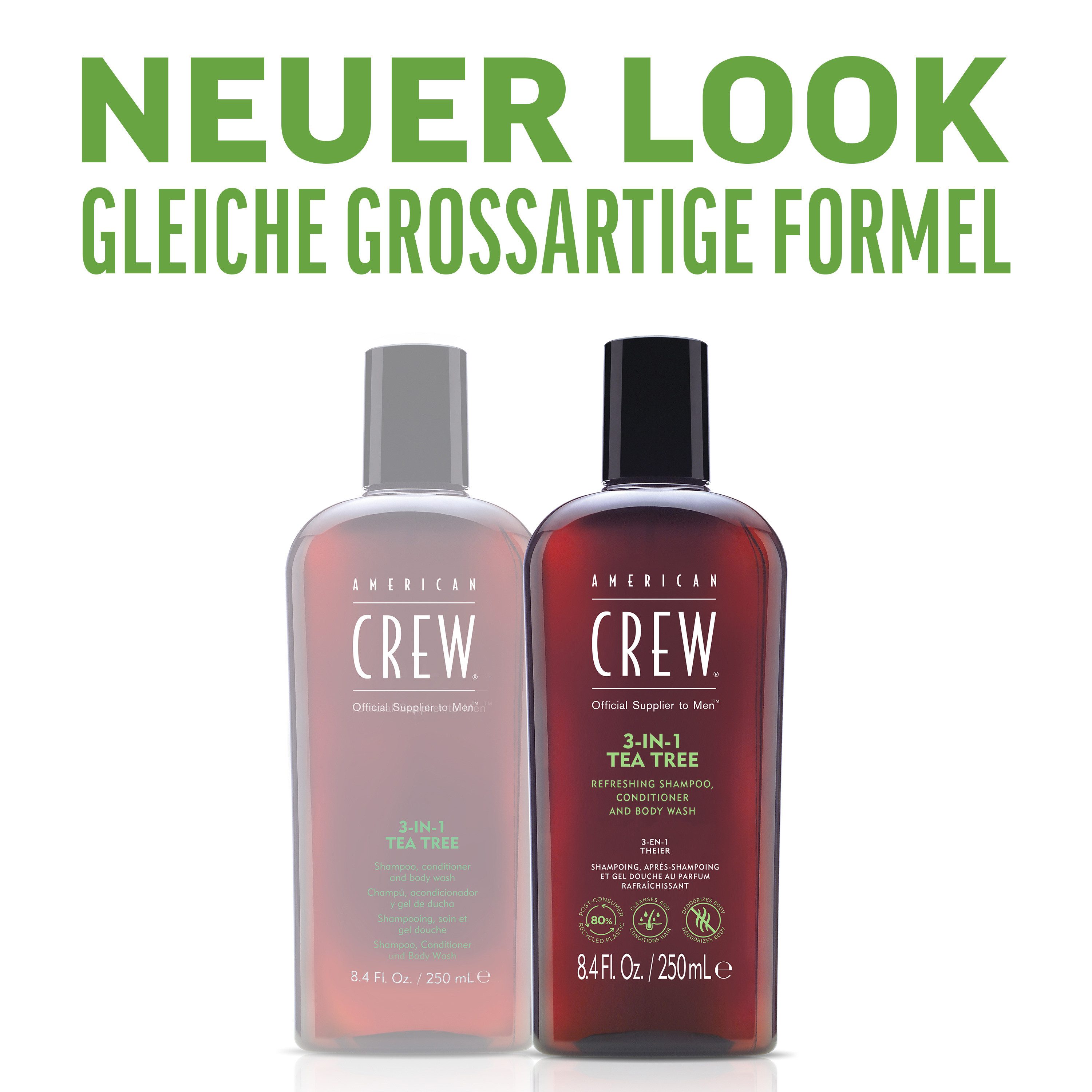 American Crew Haarshampoo 3In1 Tea Tree Shampoo 450 ml, mit Teebaumöl, beseitigt Körpergerüche, natürlicher Glanz für das Haar