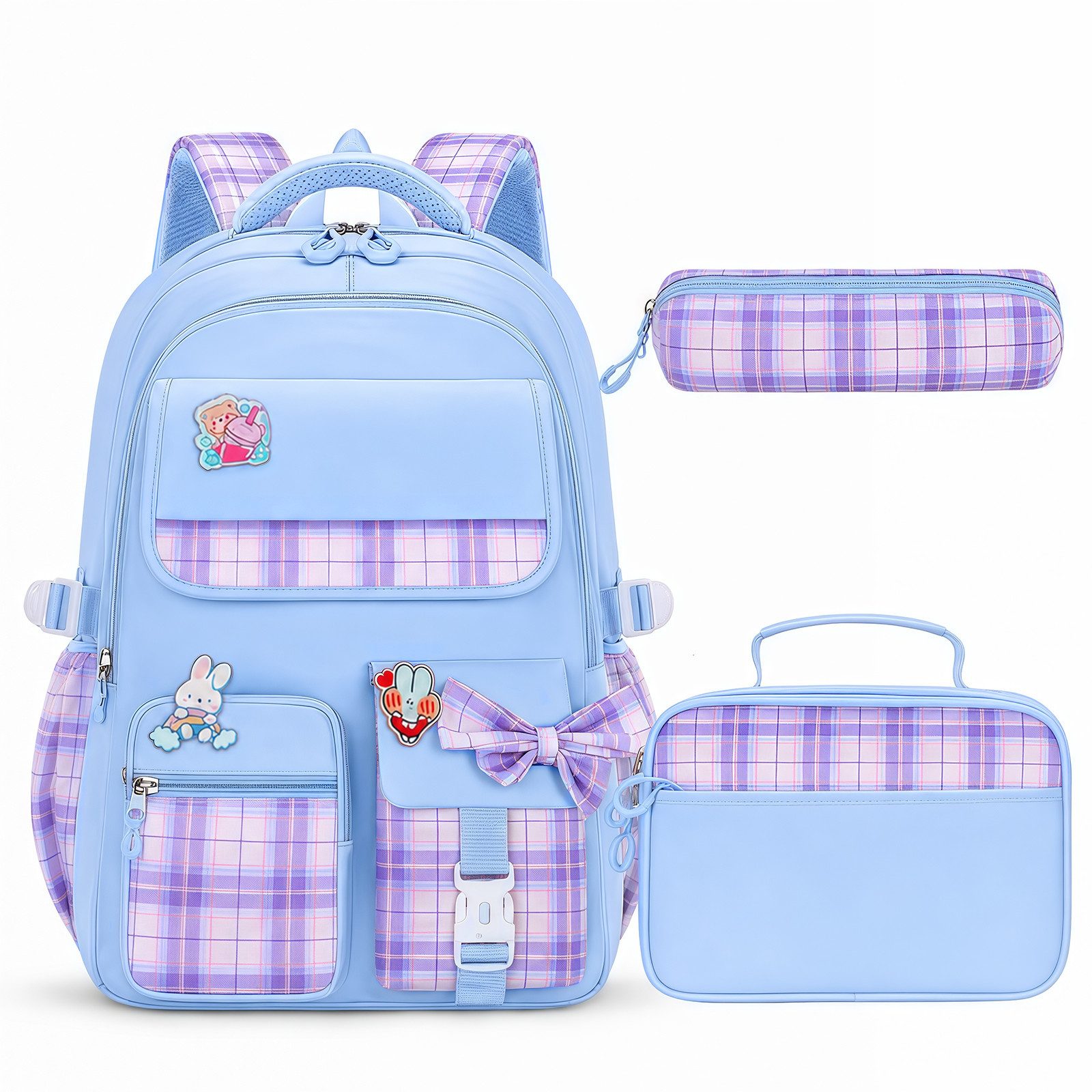 MOPUEA Schulrucksack Schulrucksack Set 3-tlg Wasserabweisend Ergonomisch mit Viele Fächer (Schulrucksack Set mit Lunchtasche und Federmäppchen, Rucksack Lunchtasche und Federmäppchen im passenden Design), Wasserabweisend ergonomisch reflektierend großes Hauptfach