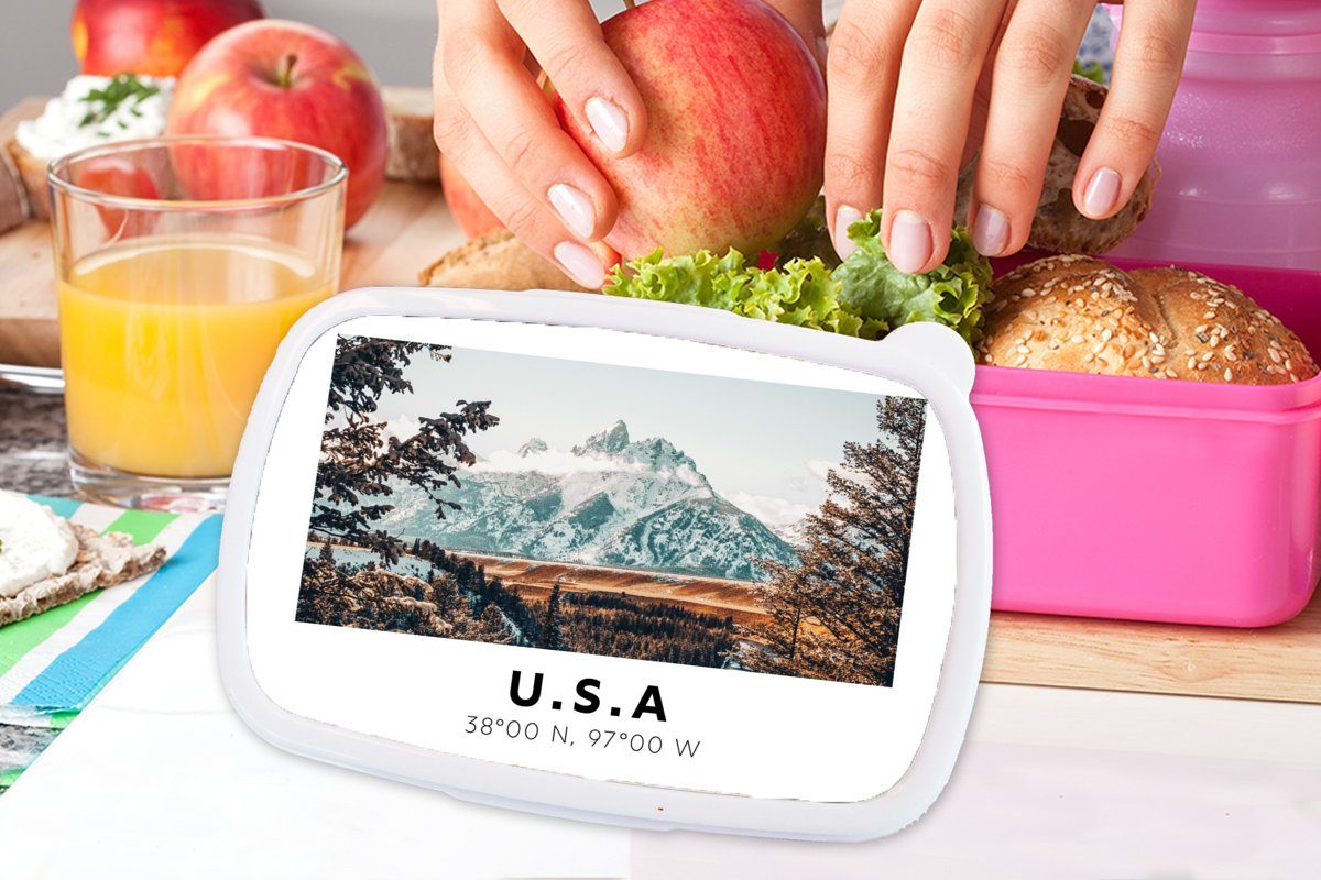 MuchoWow Lunchbox Amerika - - (2-tlg), Snackbox, - Winter Erwachsene, Mädchen, Brotbox Berge für Brotdose Wald, rosa Kunststoff, Kinder, Kunststoff