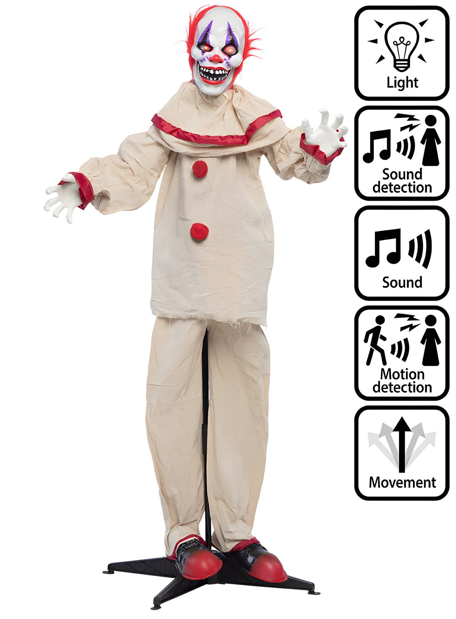 Boland Dekofigur Animierter Gruselclown Halloween Deko – 153 cm, Sei leise, sonst weckst Du den Horrorclown auf!