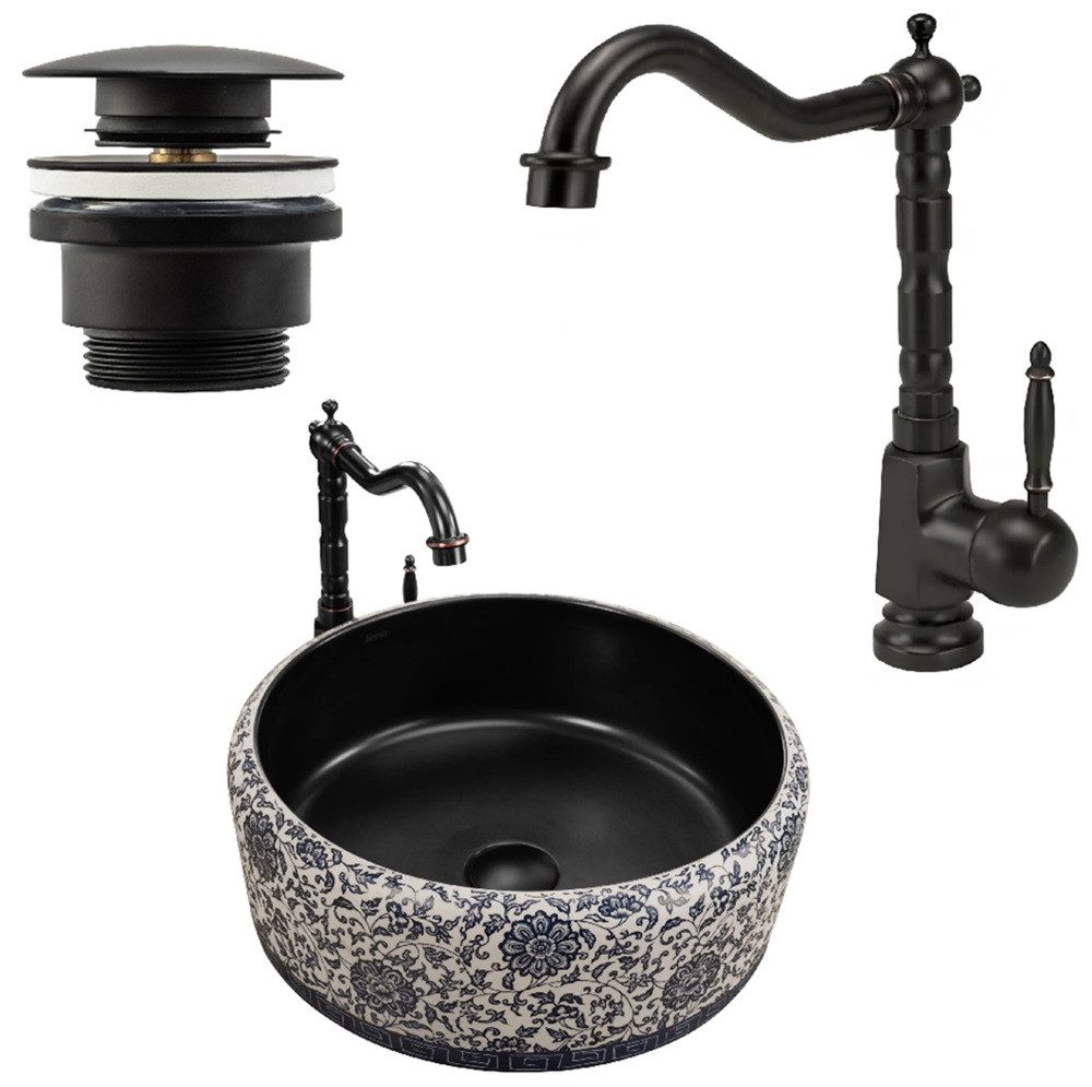 wohnwerk.idee Aufsatzwaschbecken Waschbecken Vintage Blau Ornamente günstig online kaufen