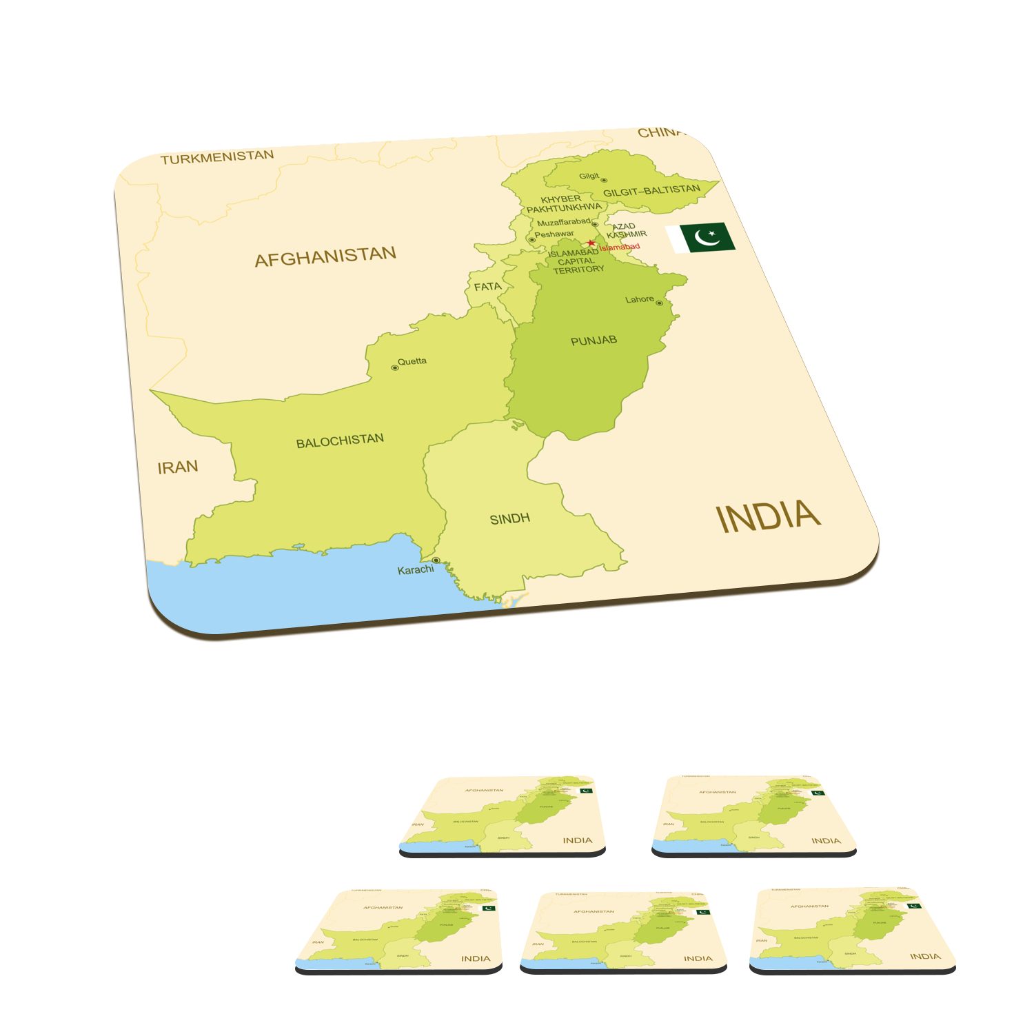 MuchoWow Glasuntersetzer Illustration der Karte von Pakistan und seinen Provinzen, Zubehör für Gläser, 6-tlg., Glasuntersetzer, Tischuntersetzer, Korkuntersetzer, Untersetzer, Tasse